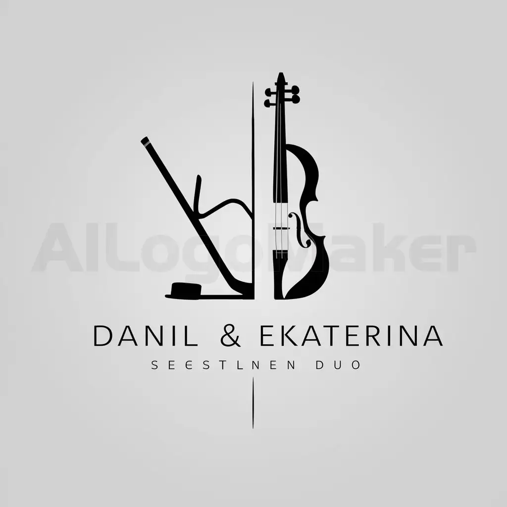 a logo design,with the text "Daniil and Ekaterina", main symbol:In the left part of the logo, an elegant hockey stick with a puck is depicted, it looks to the left. On the right side, there is half of a violin, adding a romantic and elegant note. Both parts of the logo are combined in one color to create a single and harmonious image.,Minimalistic,be used in Others industry,clear background