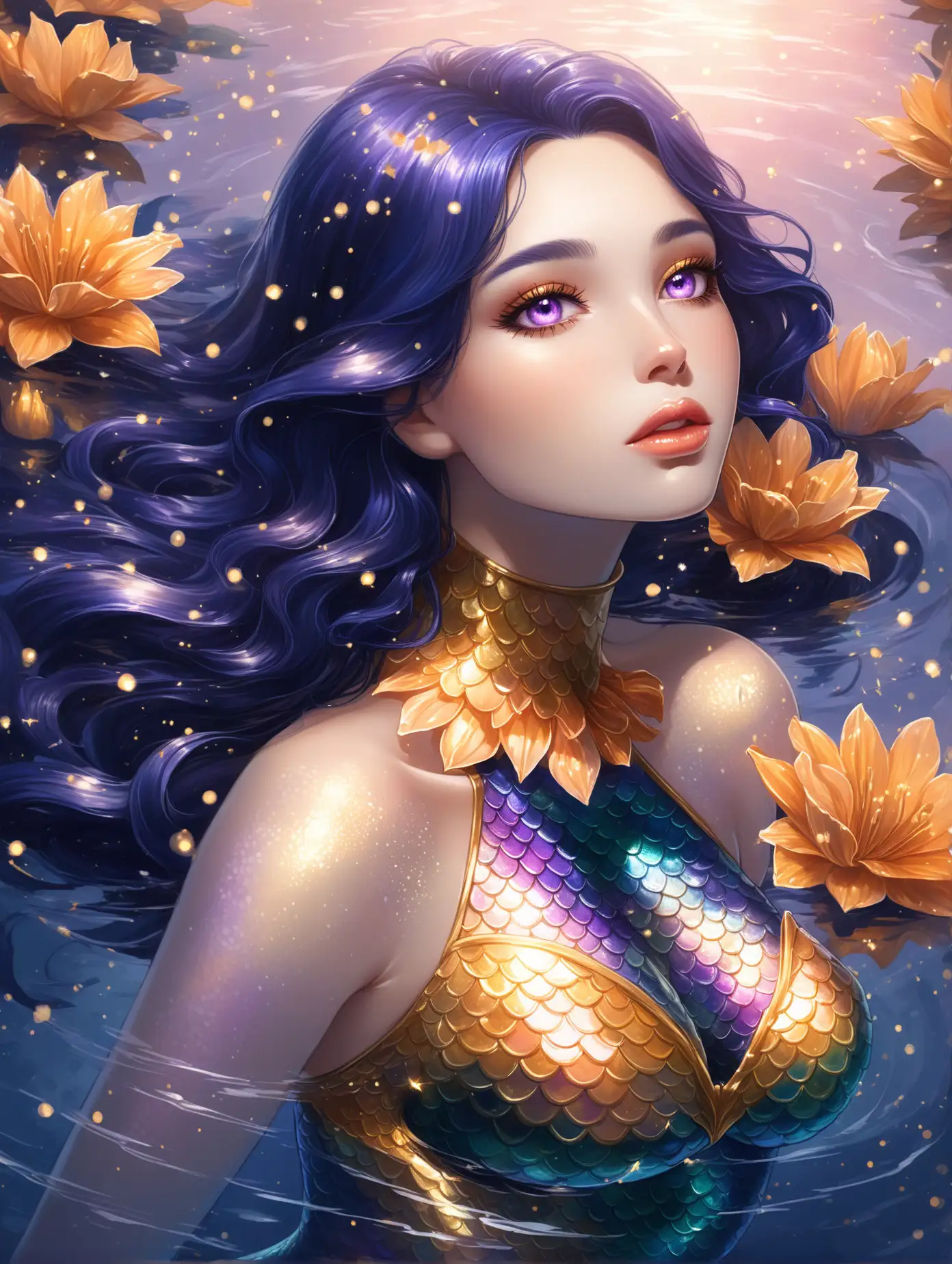 Enchanting Mermaid in Navy and Gold Iridescent Outfit Amidst Garden with Pink Fog and Gold Sparks