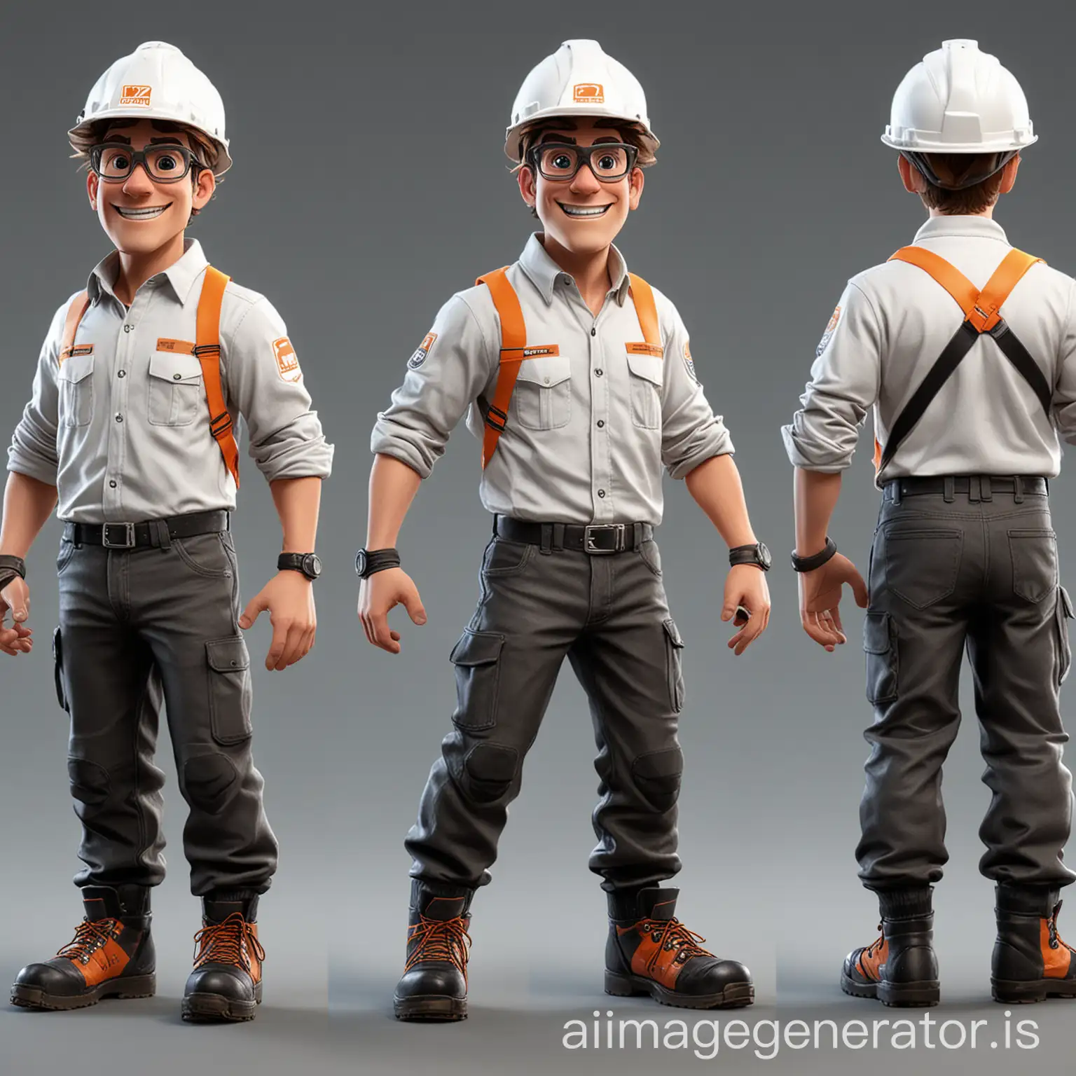 Design a mascot of an animated dashing male character depicted in a lively and celebratory front pose. The character should be dressed in mining clothing including a reflective full sleeve plain t-shirt , trouser, safety goggles, white safety helmet, and black safety shoes.