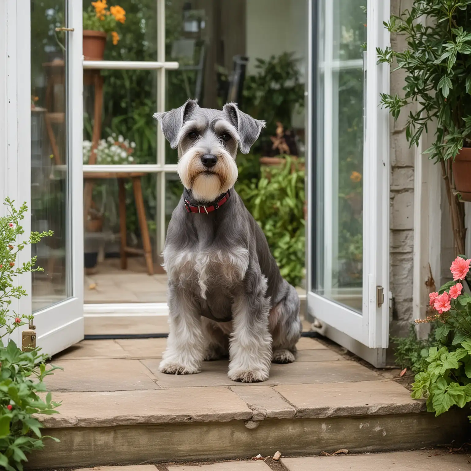 image of a cute Miniature Schnauzer  have the dog infront of french doors leading to a garden,, and the dog posing for a picture