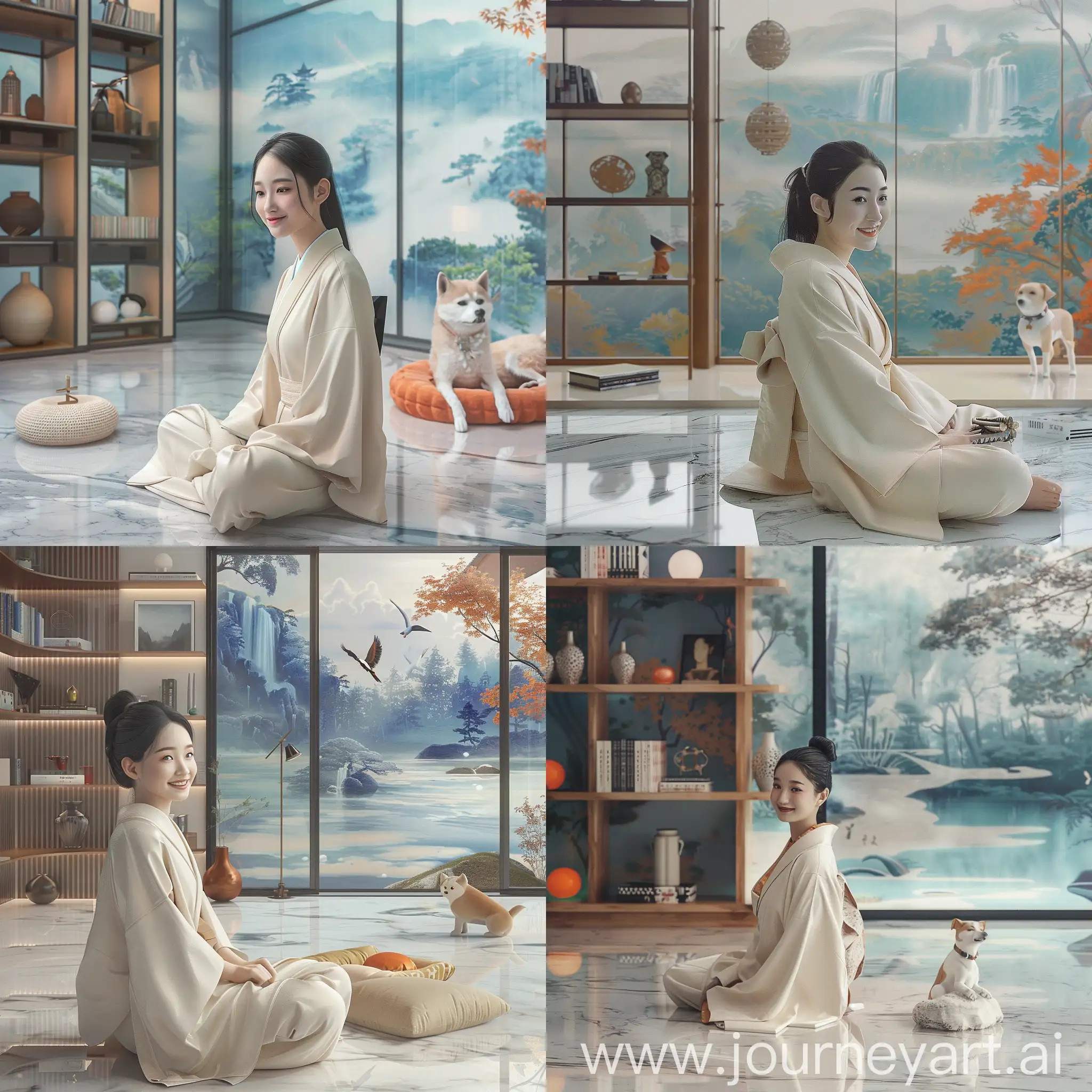 Create an image of a serene interior space blending traditional Japanese and contemporary minimalist aesthetics. The scene features a young Asian woman sitting on a polished marble floor, dressed in a cream-colored kimono with simple flowing lines. She has dark hair tied back in a simple style, and her peaceful facial expression reflects meditation. The room has large windows showcasing a misty, wooded landscape that seamlessly transitions into a large wall art reminiscent of classic Japanese tsunami paintings in vibrant blue and white. A shelf on the left is filled with books and decorative objects including a stylized, long-necked bird vase and spherical objects in warm orange tones. Along the window area are scattered cushions in earthy and watery colors and an open book, suggesting a reading nook. The room conveys a sense of timelessness and harmony between traditional and modern elements. beautiful Asian android samurai geisha, retro-futuristic japanese antiquity background, smiling because she is a master assassin at interior design and she knows it, katana, sword, shuriken, throwing stars and nice shiba inu