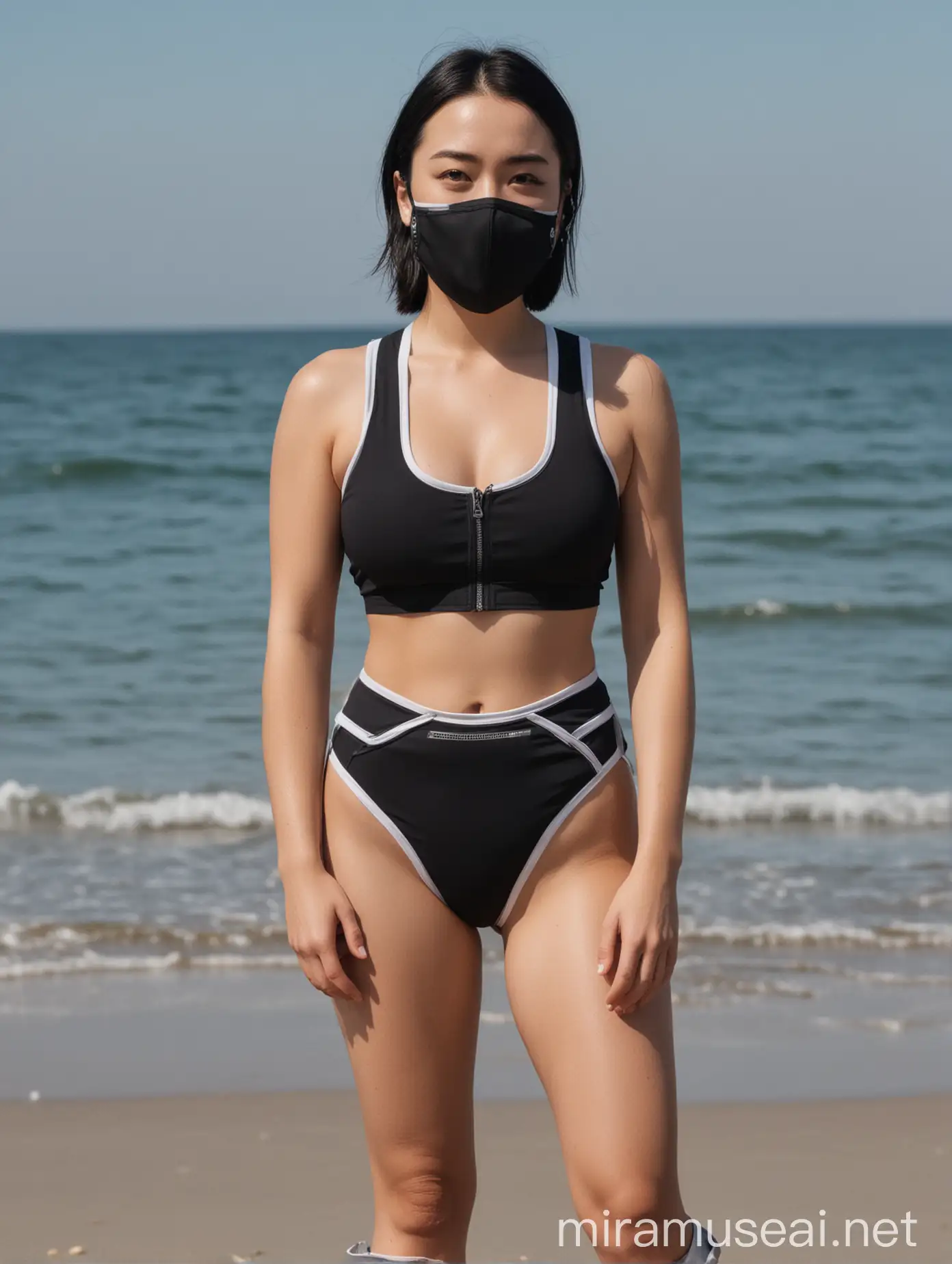 mitski, standing on a beach, in a respirator mask, wearing a black front zip tanktop with white trim, and black sexy sporty french cut bikini bottoms with white trim