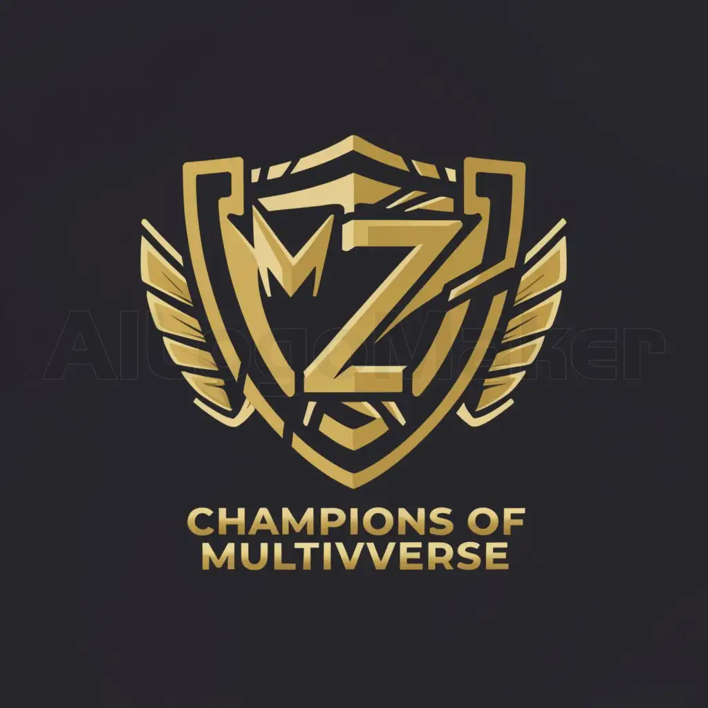 a logo design,with the text "MZ champions of multiverse", main symbol:Shield,Moderate,clear background