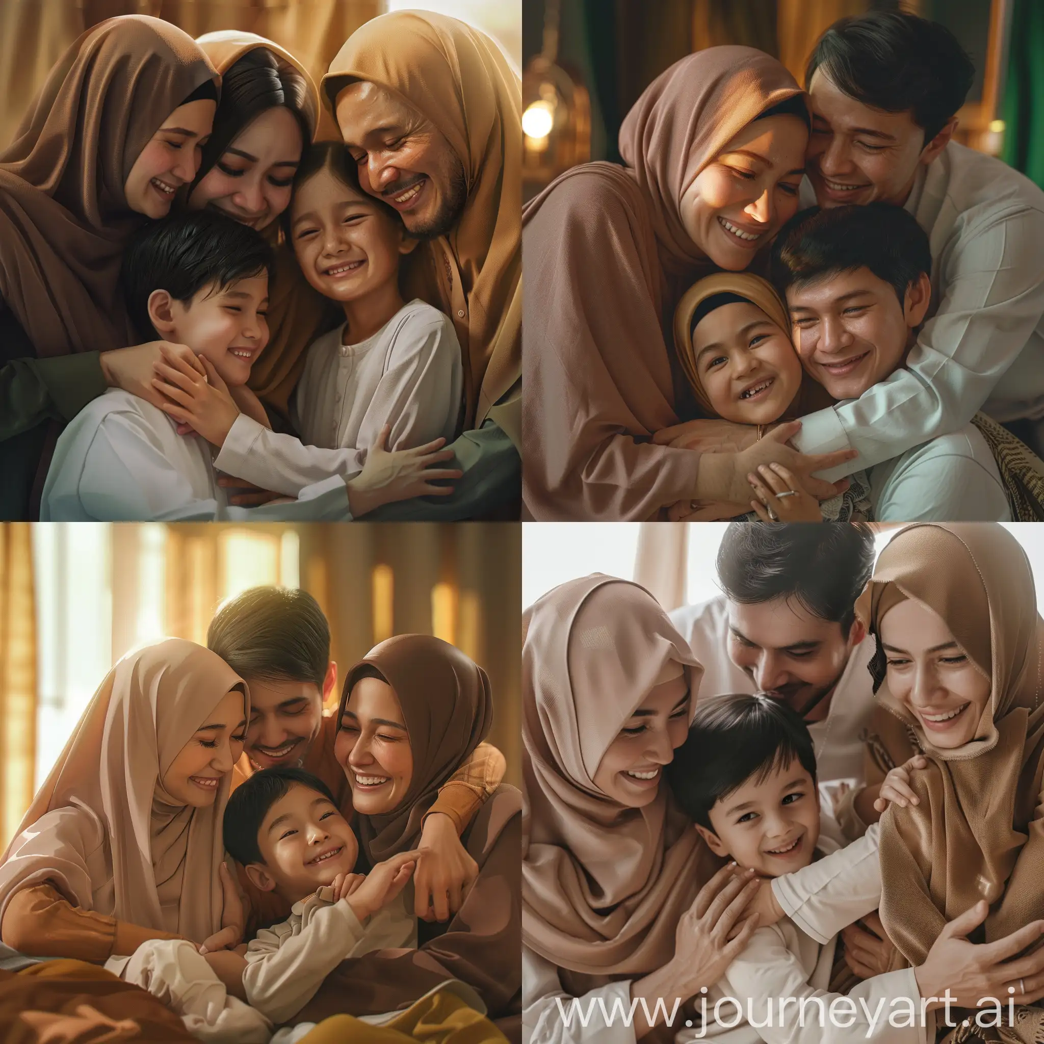 a happy family, hijab, 1girl, 1boy, 1woman, 1man, warm lighting, natural light, cozy, intimate, smiling, embracing, high quality, detailed, photorealistic, 8k