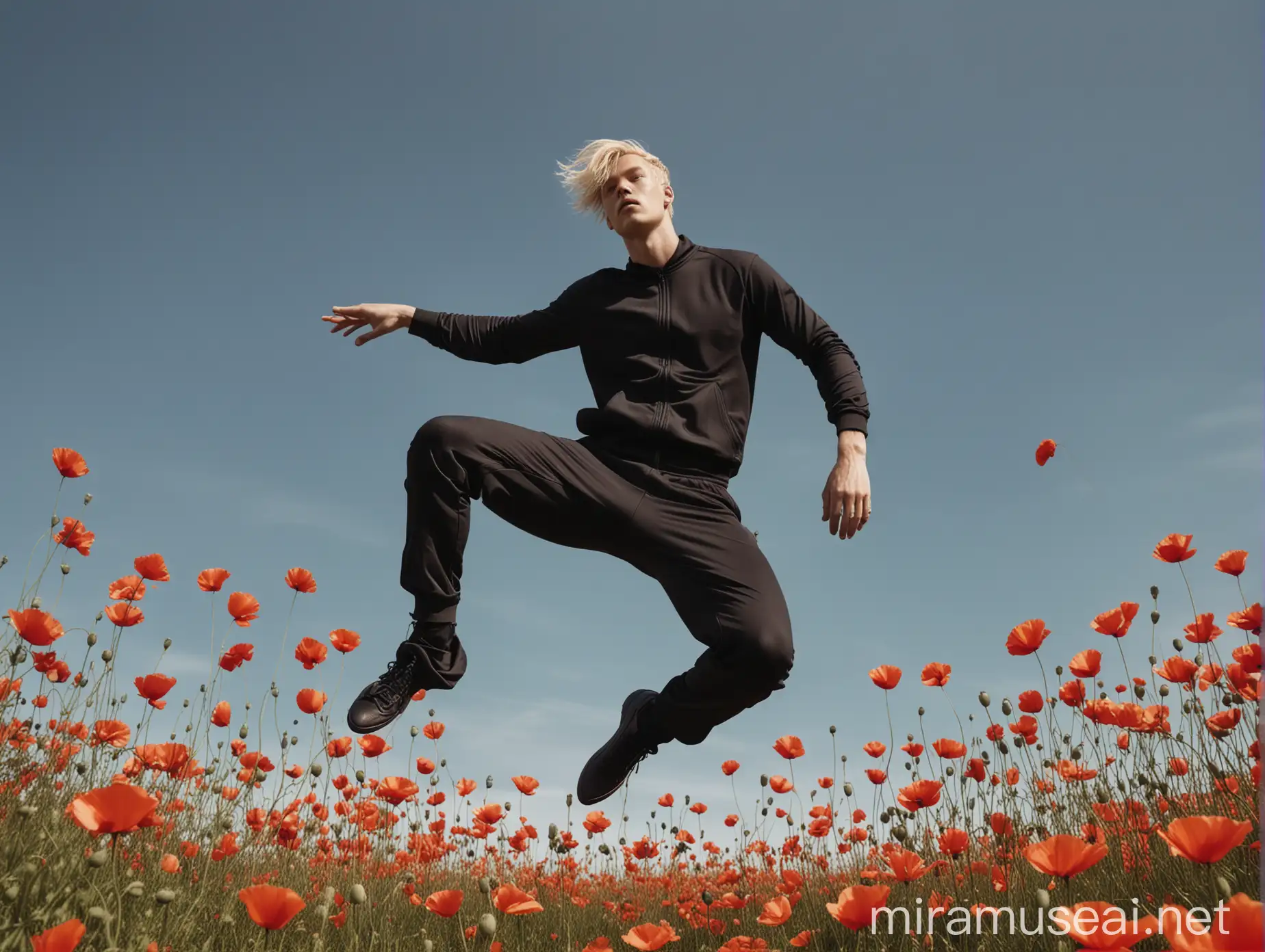 photo of blonde man wearing black tracksuit, floating in the air surrounded by poppy flowers, in the style of Tim Walker and Rineke Dijkstra --ar 3:4 --v 6.0