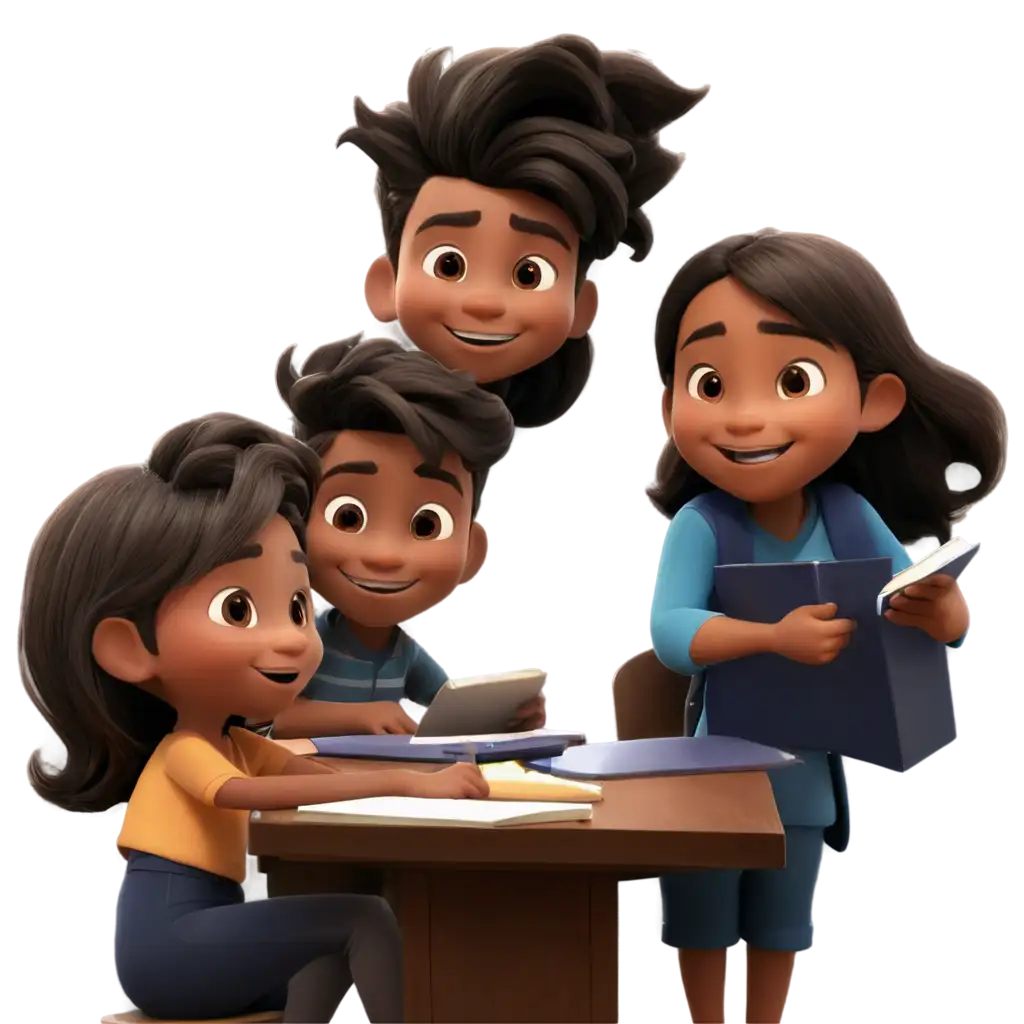 an animated pic of kids smiling while study together
