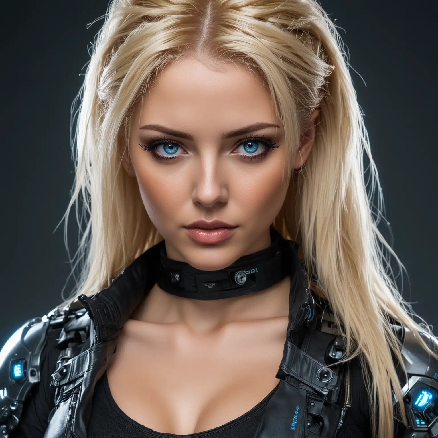hot looking cyberpunk lady 30 years old,blonde hair blue eyes.