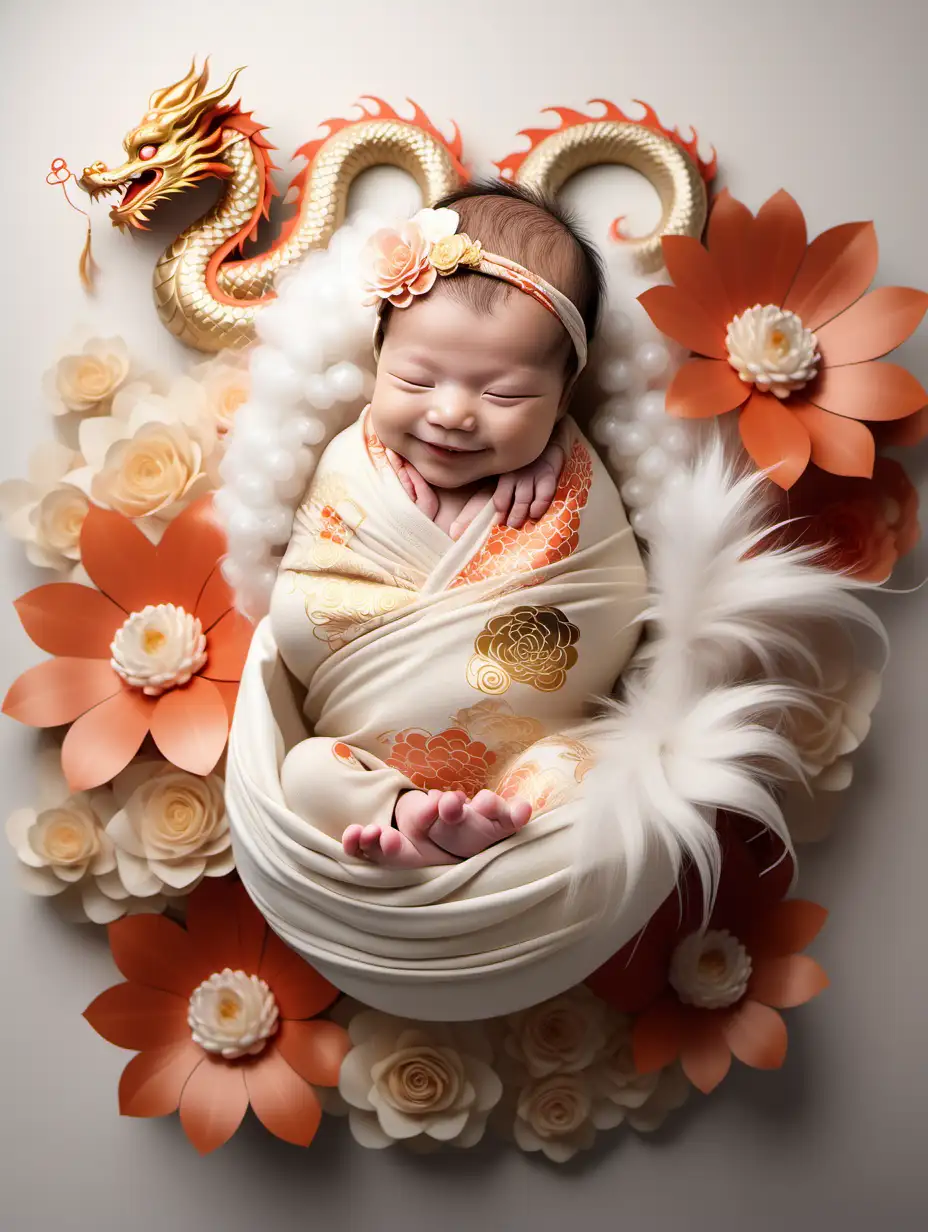 Newborn Baby Smiling with Chinese Dragon Fantasy Background