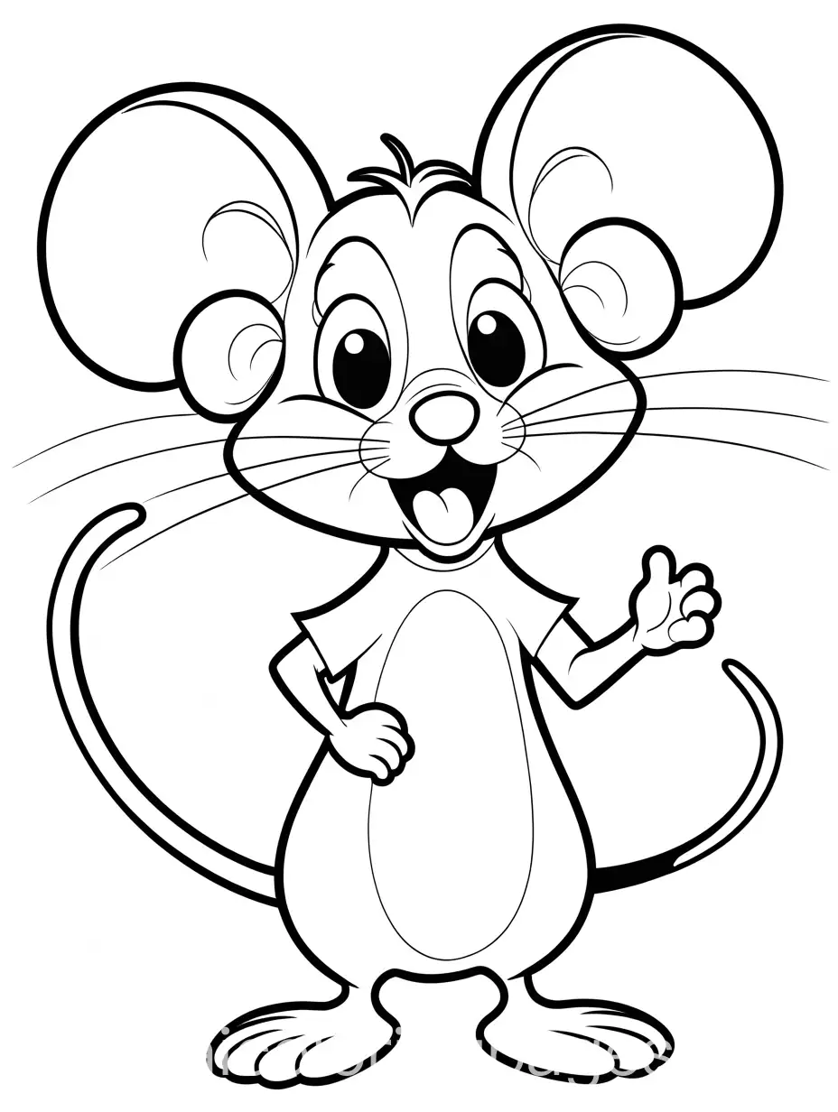 silly looking  mouse, cartoon, pre school, Coloring Page, black and white, line art, white background, Simplicity, Ample White Space. The background of the coloring page is plain white to make it easy for young children to color within the lines. The outlines of all the subjects are easy to distinguish, making it simple for kids to color without too much difficulty
