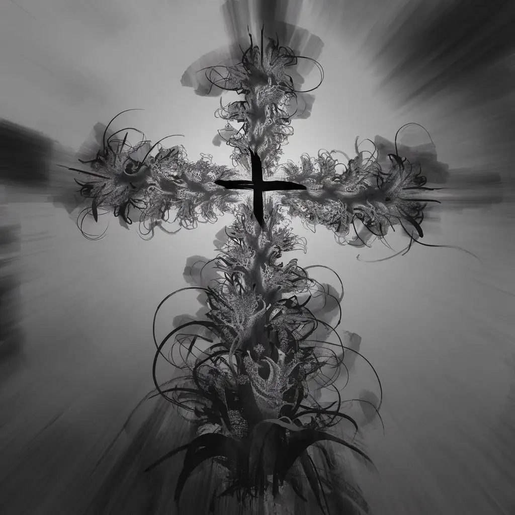 art photo, Japanese ink painting, monochrome smudged ink brushwork, rough sketch, splash ink, curly brushwork, blur ink, intangible, abstract, objective thinking, long stemed flowers forming a christian cross, fractal, artsy, motion blur