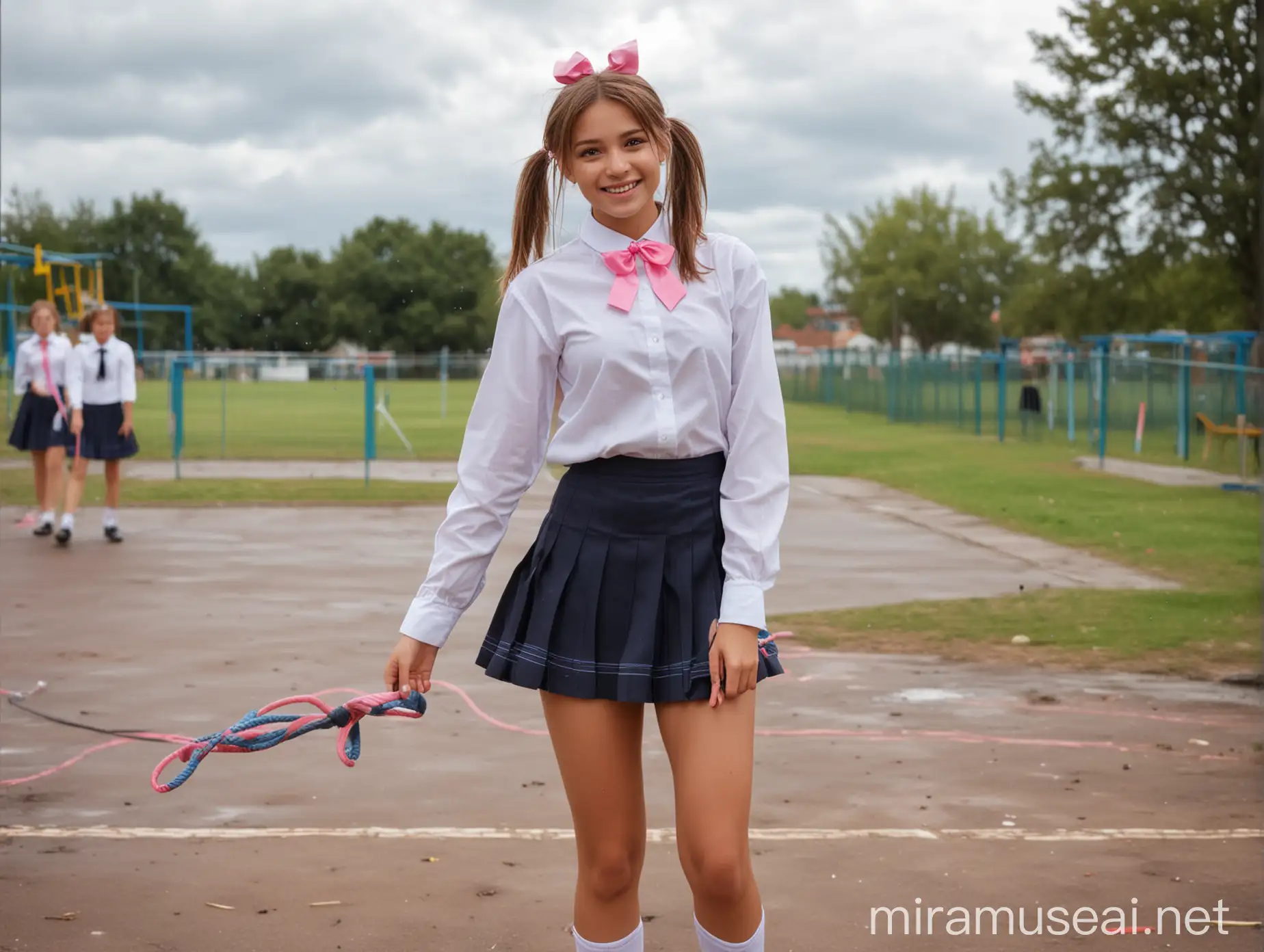  young pretty girl in school uniform. very large breats, one breast exposed, smiling, slim, in playground, short pleated skirt, brown hair, brown eyes, one earing, pink bow in hair, holding a skipping rope, ground is wet, cloudy sky, school friends in background, blue choker,