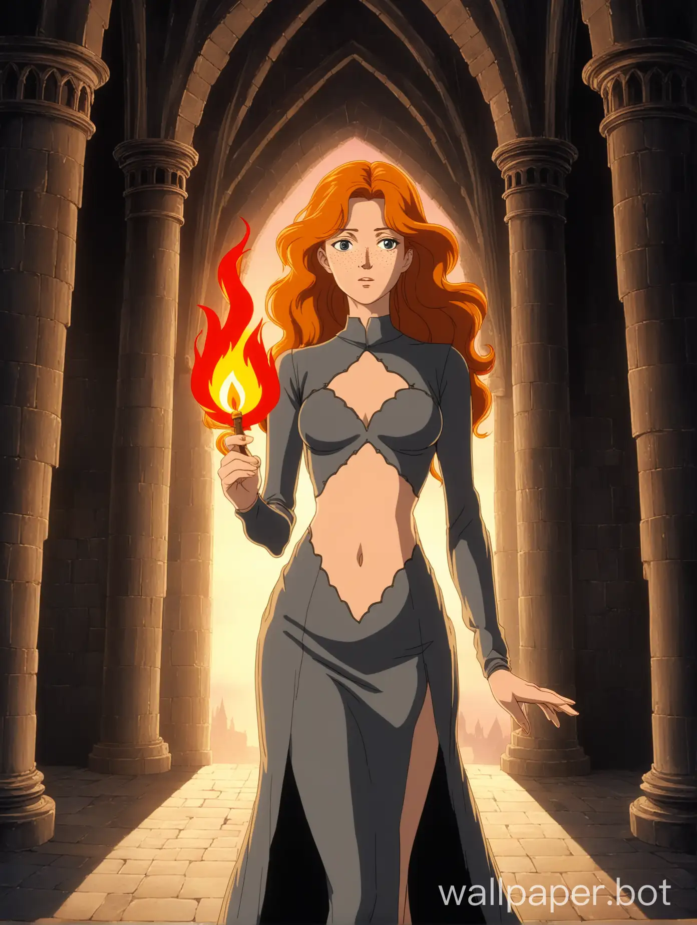 a young and attractive white woman, holding a flame in the palm of her hand, she has long wavy orange hair, standing regally, holding flame in one hand, elegant and slender, sharp face, lots of freckles, dignified and confident, amazed expression, wearing a sheer thin dark grey skintight dress, large diamond-shaped stomach cutout, midriff, she is thin and slender, ornate stitching, medieval elegance, castle interior, 1980s retro anime, vibrant colors, golden hour lighting
