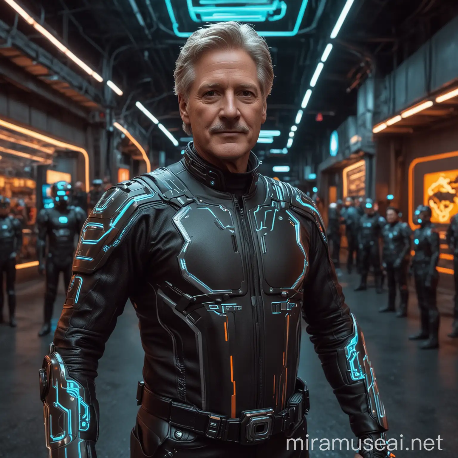 A hyper-realistic GoPro selfie of Bruce Boxleitner dressed as TRON on a movie set, captured in a 16:9 aspect ratio, featuring detailed textures, vivid colors, and realistic lighting, with the movie set's background visible.