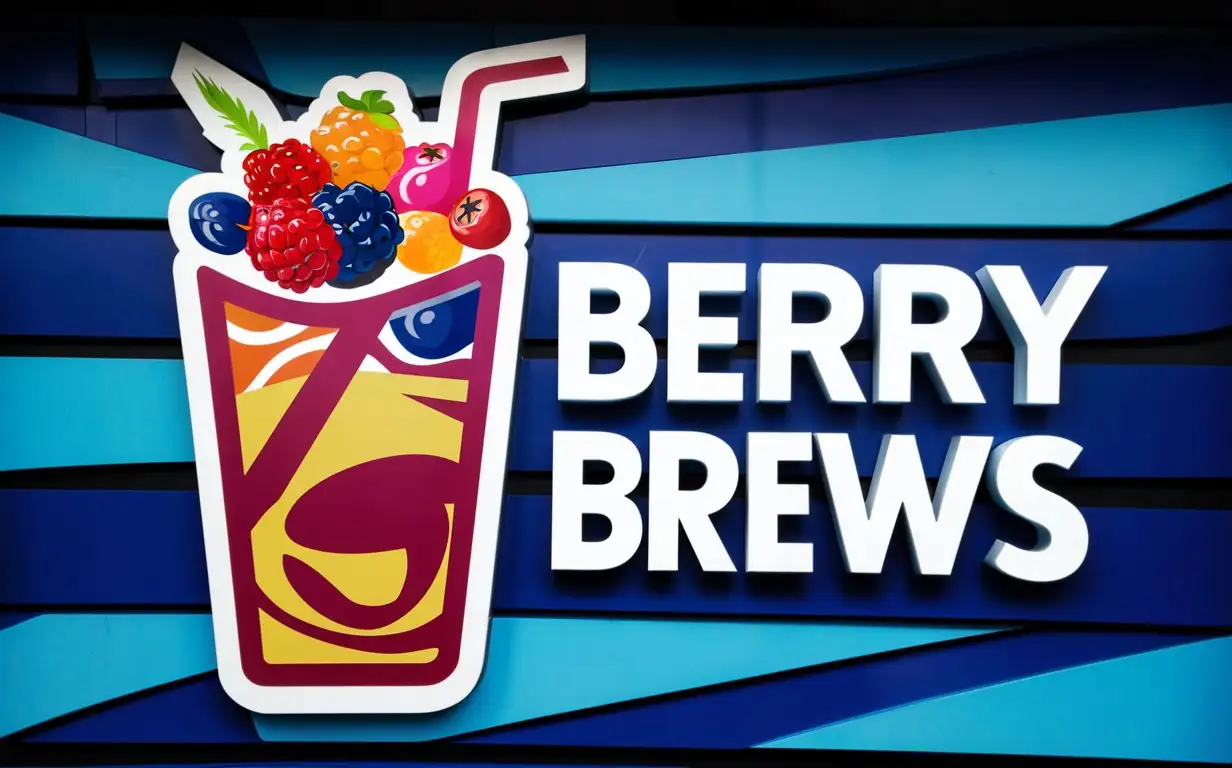 A sign for an ice tea shop named Berry Brews. Make it appealing and cool, and add more blue color to it