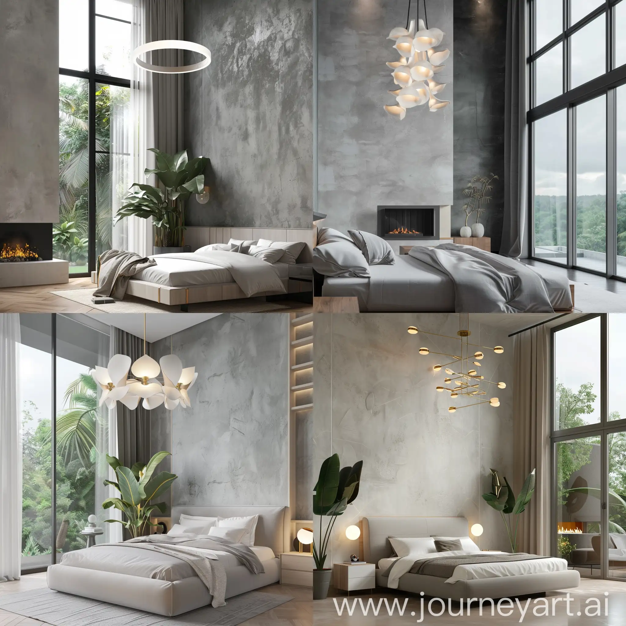 A modern gray white and thermowood bedroom
, modern decoration,
Large modern chandelier, soft light, complete furniture arrangement, a plaster wall,
 tall window, fireplace, a tall window wall, in the green tropical forest,
 Cloudy weather real photo