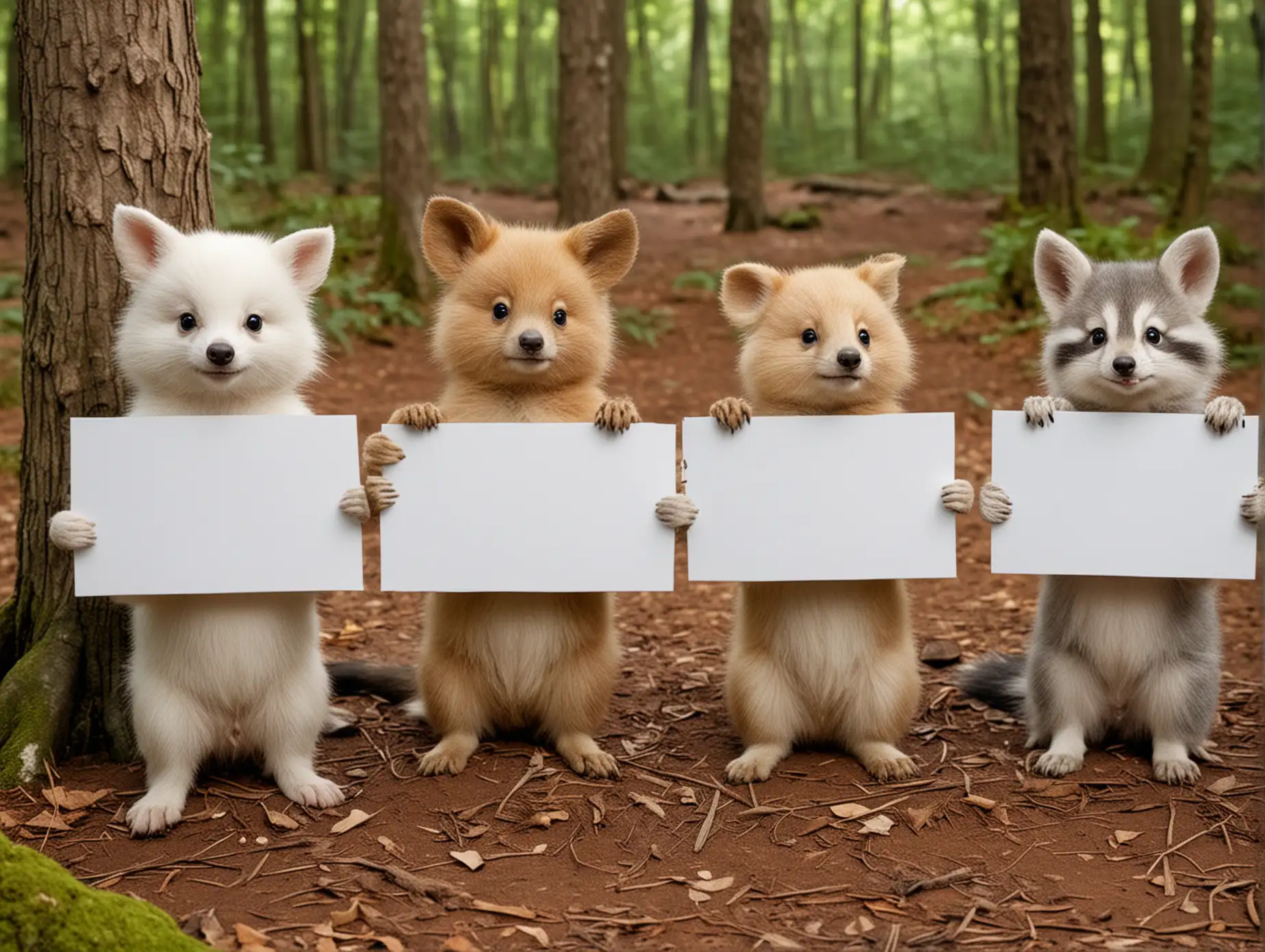Baby animals holding blank  signs at a campsite in the woods