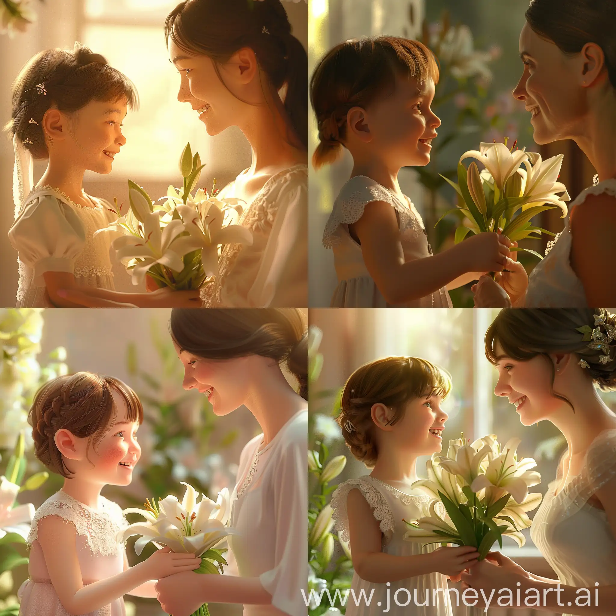 母亲节   一个可爱的小朋友拿一束的百合花微笑的看着漂亮的母亲  画面很温馨 很美丽   画面是3D风格 谢谢