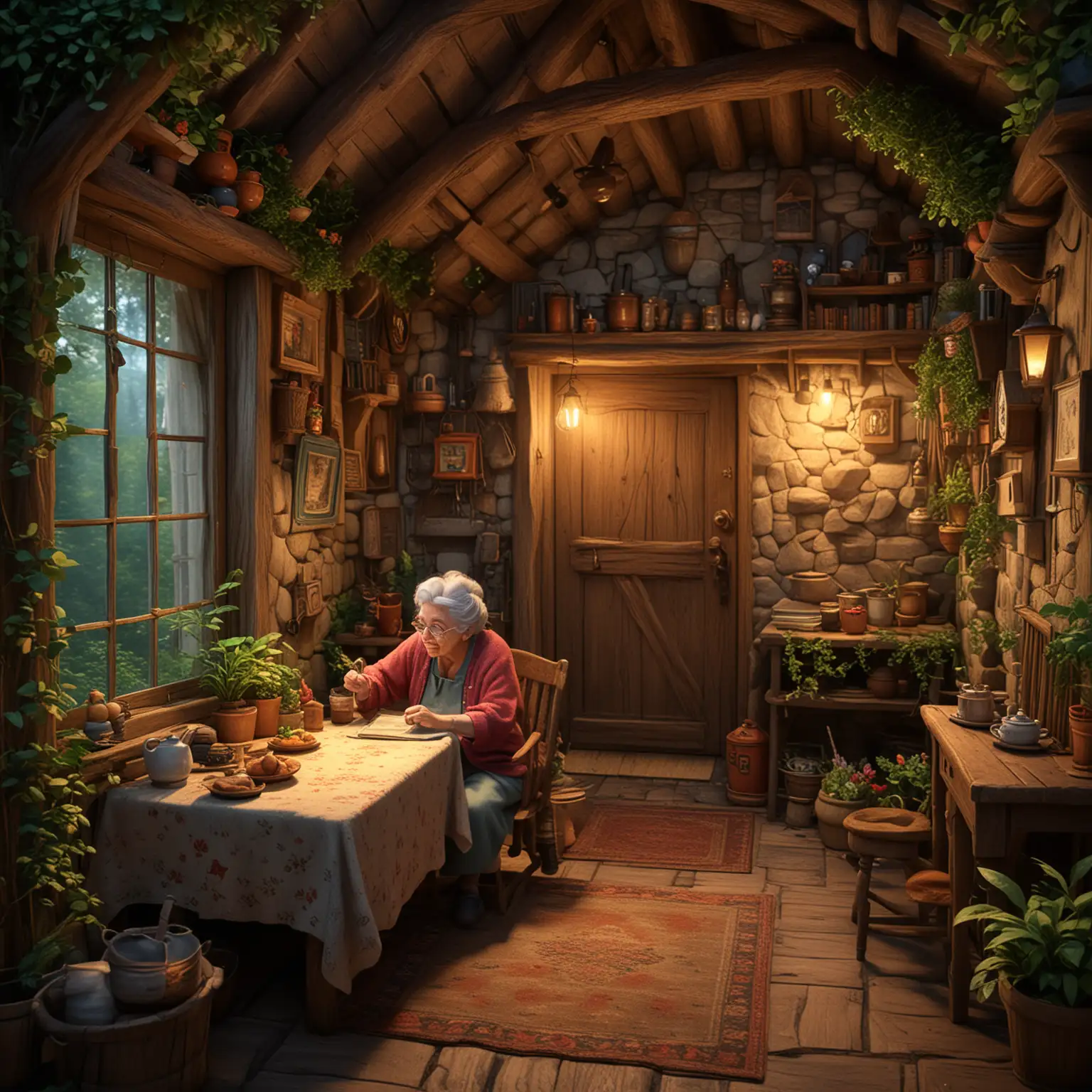 grandmother, in a cozy cottage nestled deep within a magical forest, 3d disney inspire