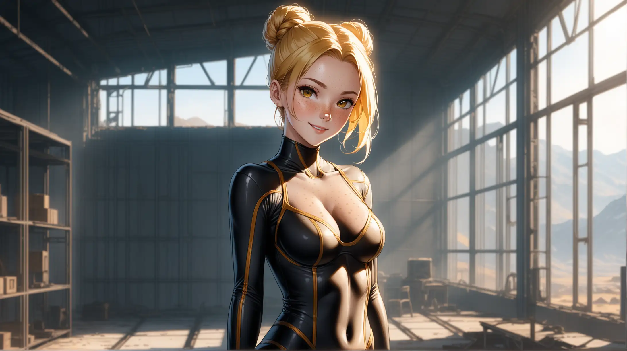 Draw a young woman, long blonde hair in a bun, gold eyes, freckles, perky figure,
bodysuit inspired from the Fallout series, high quality, long shot, indoors, seductive pose, natural lighting, smiling at the viewer