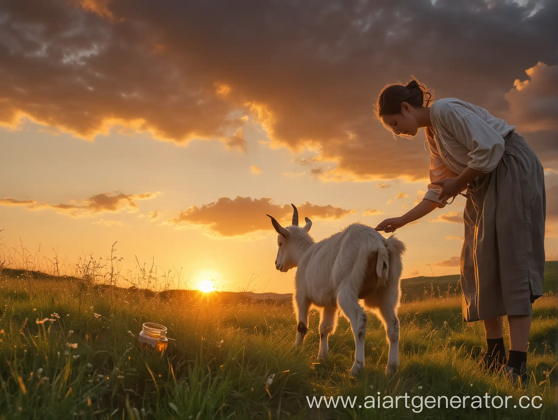 Sunset-Serenity-Person-Pouring-Honey-on-Contented-Goat-in-Summer-Landscape