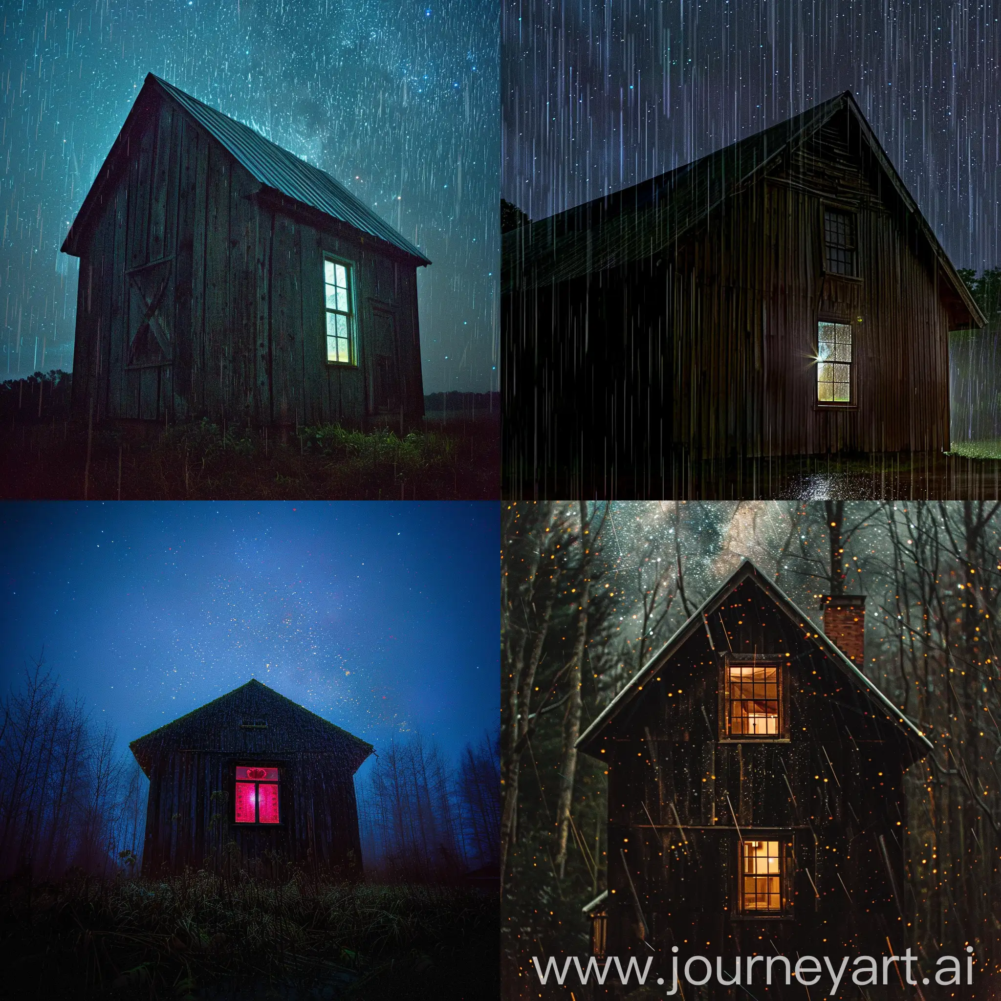 Enigmatic-Isolated-House-Illuminated-Amidst-Night-Rain-and-Stars