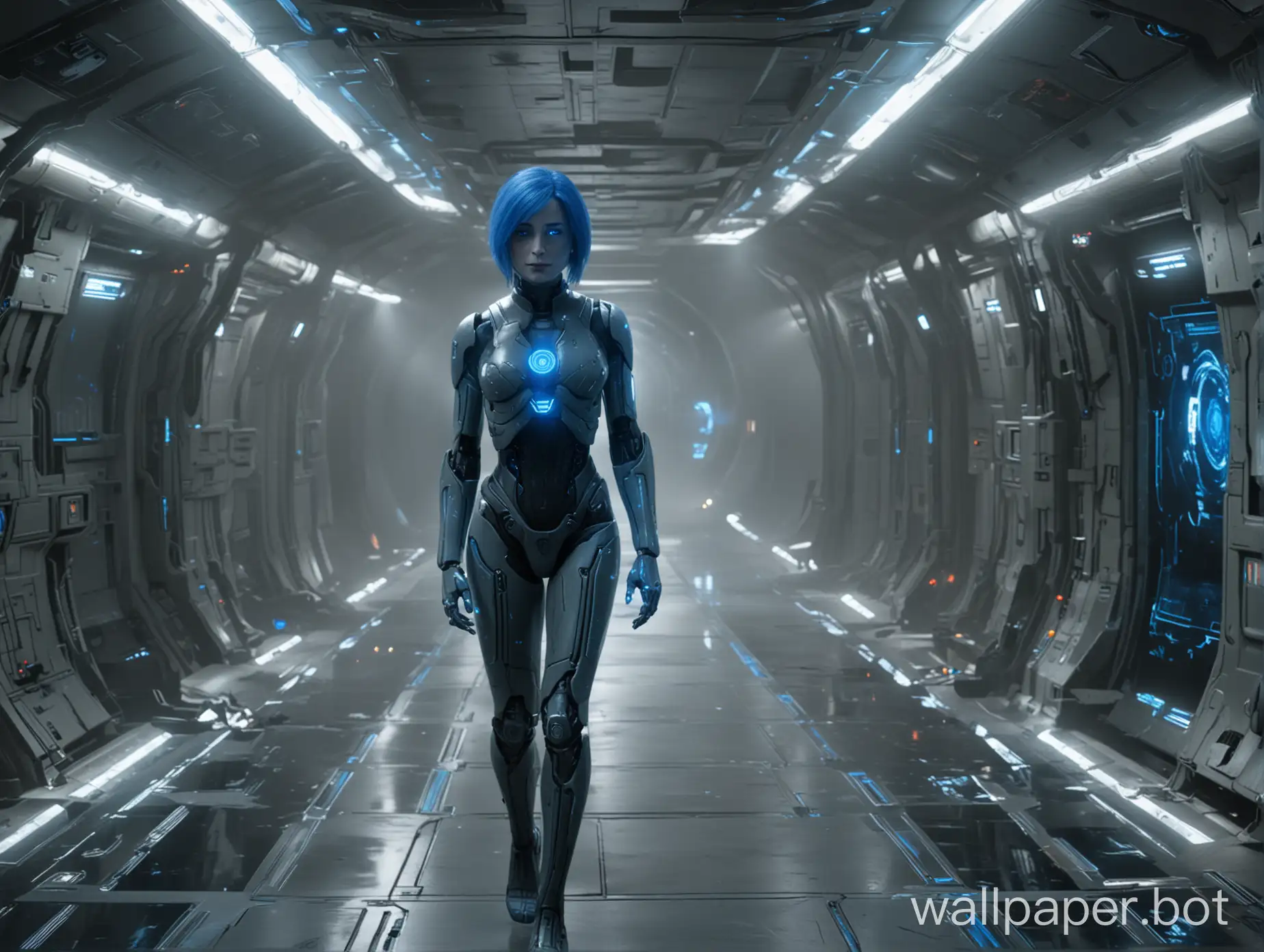 Cortana from Halo game is walking in a spaceship corridor. Bright blue eyes. Blue hair is flowing