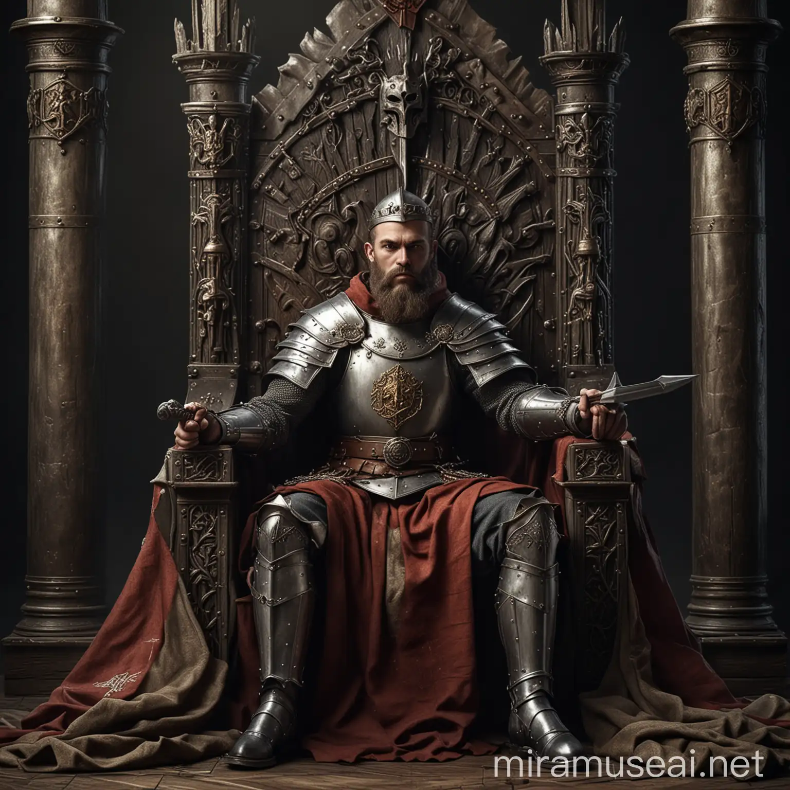 dangerous knight sitting on a throne, medieval, 4k, realistic, 1940s style, epic detailed photograph shot