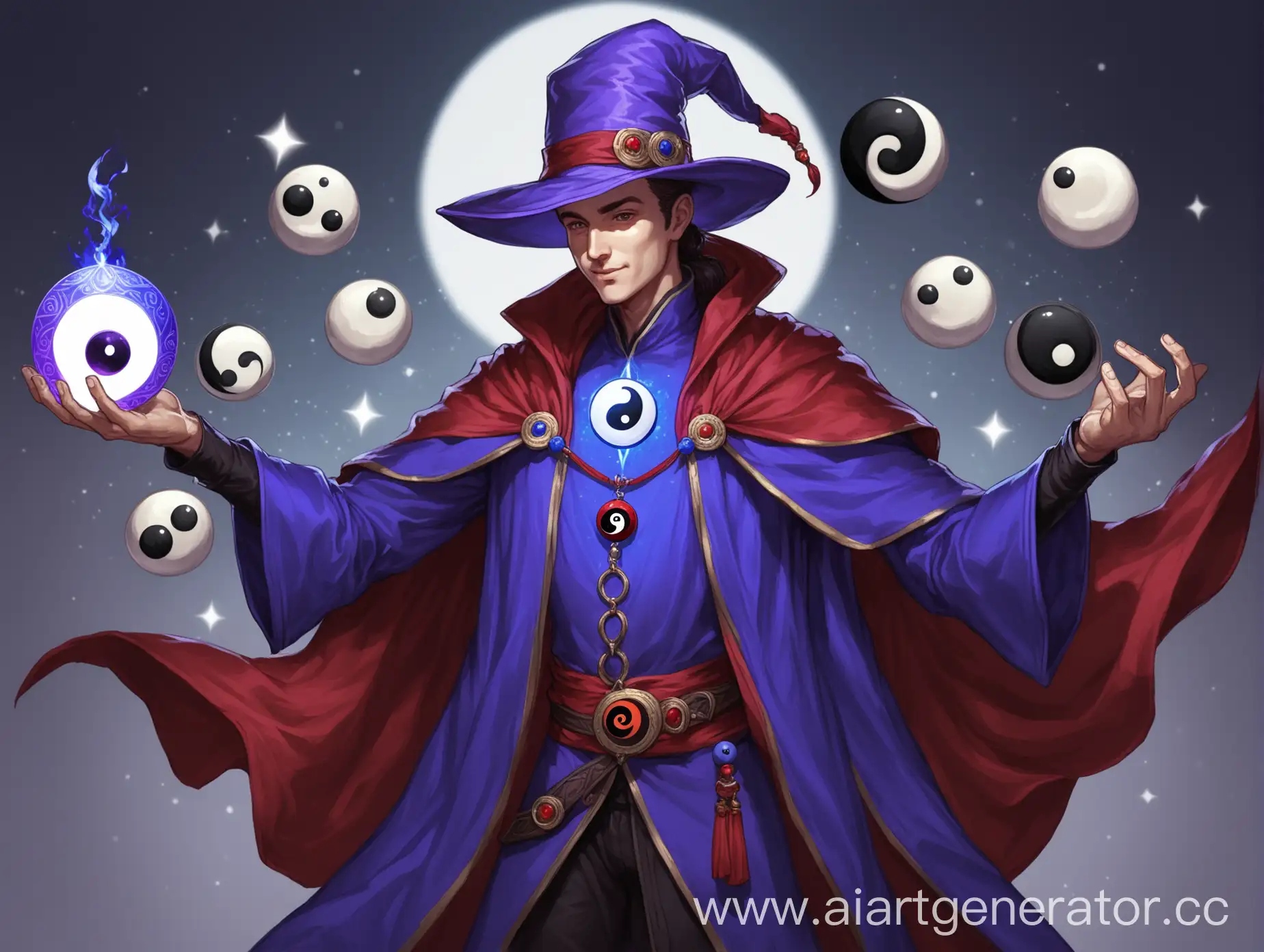 человек мужчина волшебник днд, фиолетовая шляпа, сине-красная мантия, амулет на груди инь-янь