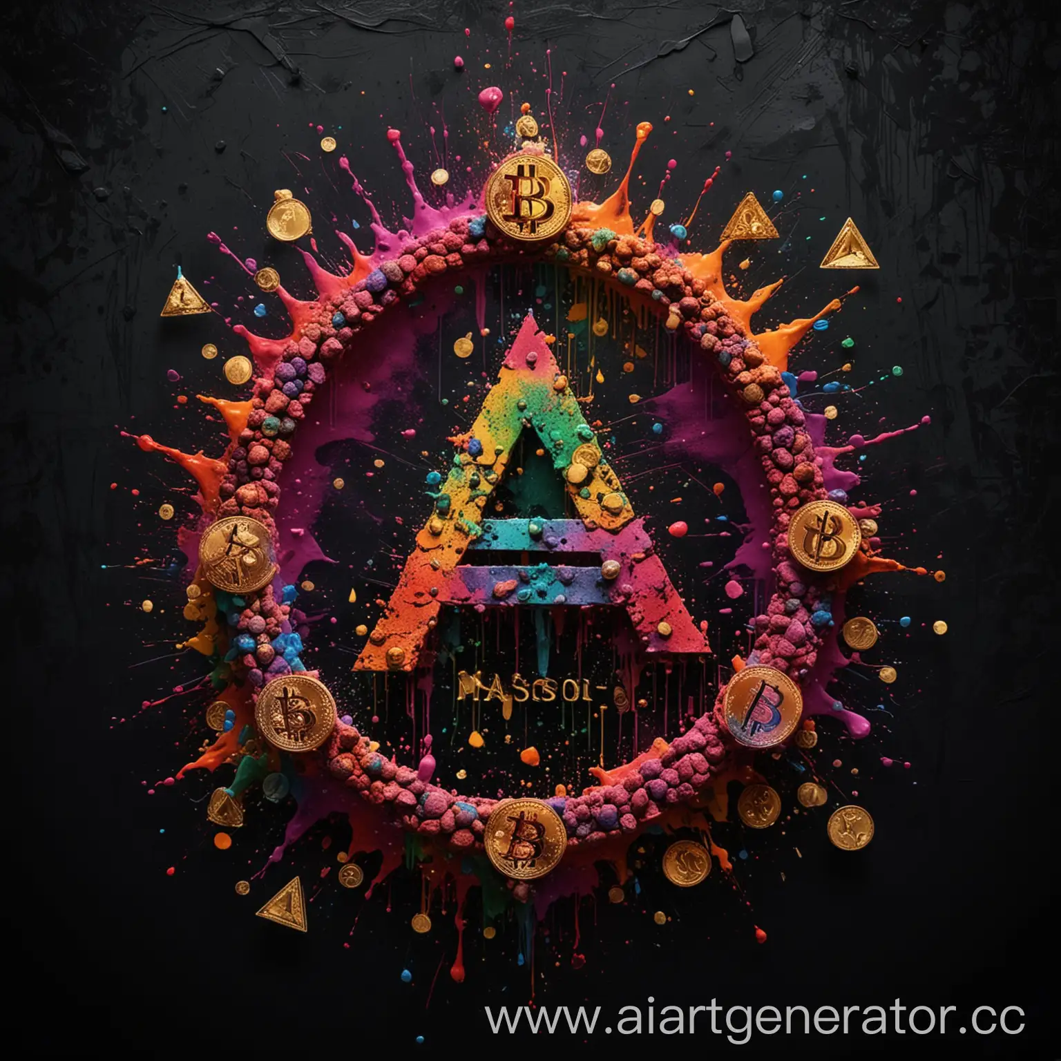 The sign of the Masons is a triangle on a dark background with splashes of holi colors surrounded by bitcoins and a matrix