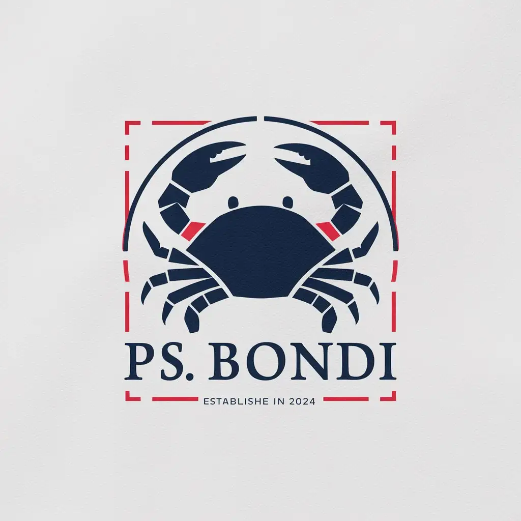 a logo design,with the text "PS BONDI'' ESTABLISHED 2024", main symbol:this logo circle or rectengle shape. logo should create with stamp effect. logo should includes a crab. preferred color navy blue , white and red. must be white background,Moderate,clear background