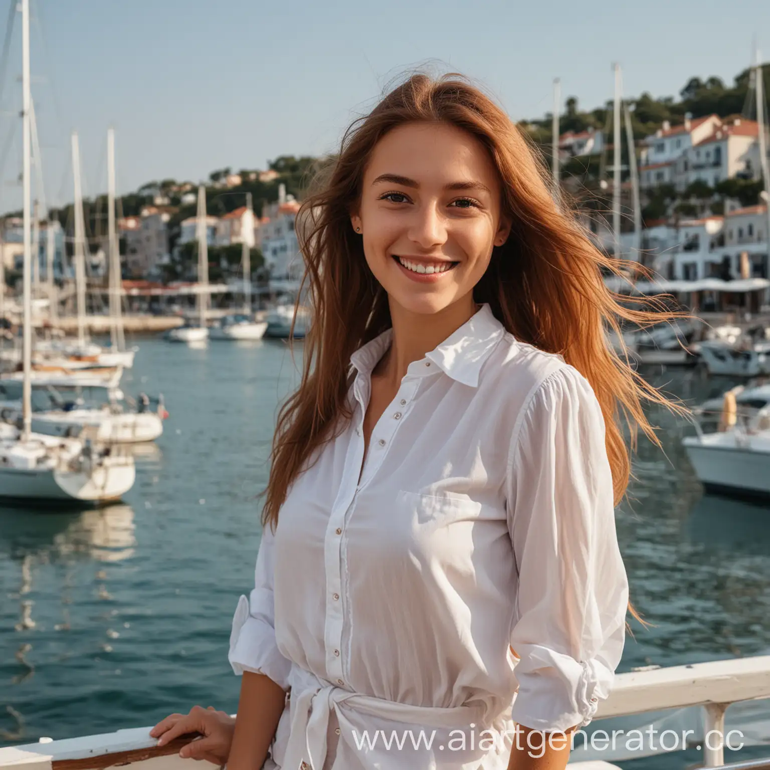 Smiling-Girl-in-White-Blouse-by-Calm-Marina-with-Yachts