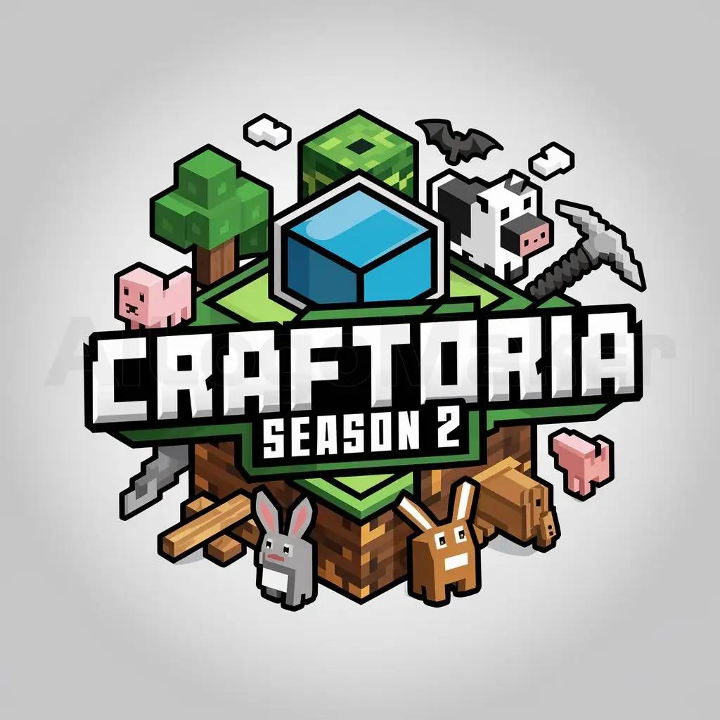 a logo design,with the text "Craftoria Season 2", main symbol:Minecraft, tree, grass block, pig, cow, bat, bunny, pickaxe, sword,Moderate,be used in Minecraft industry,clear background