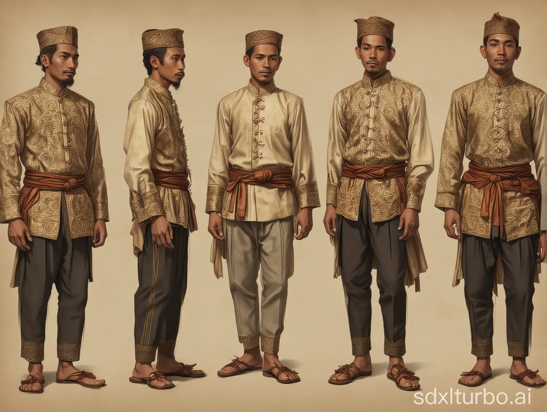 model sheet of various Javanese men wearing traditional attire.