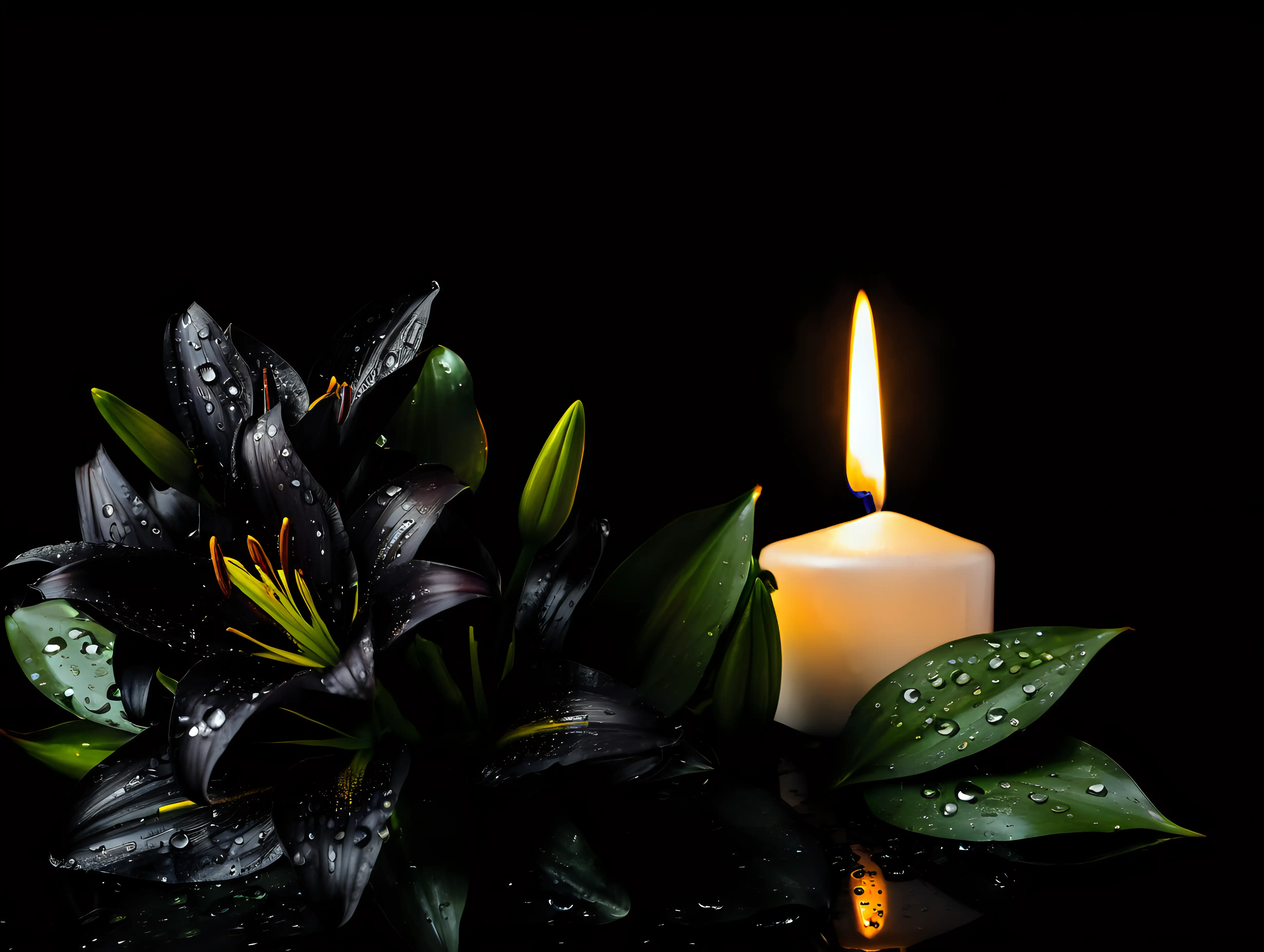 hyperrealistic small black lilies covered with raindrops, next to a white candle, black solid background