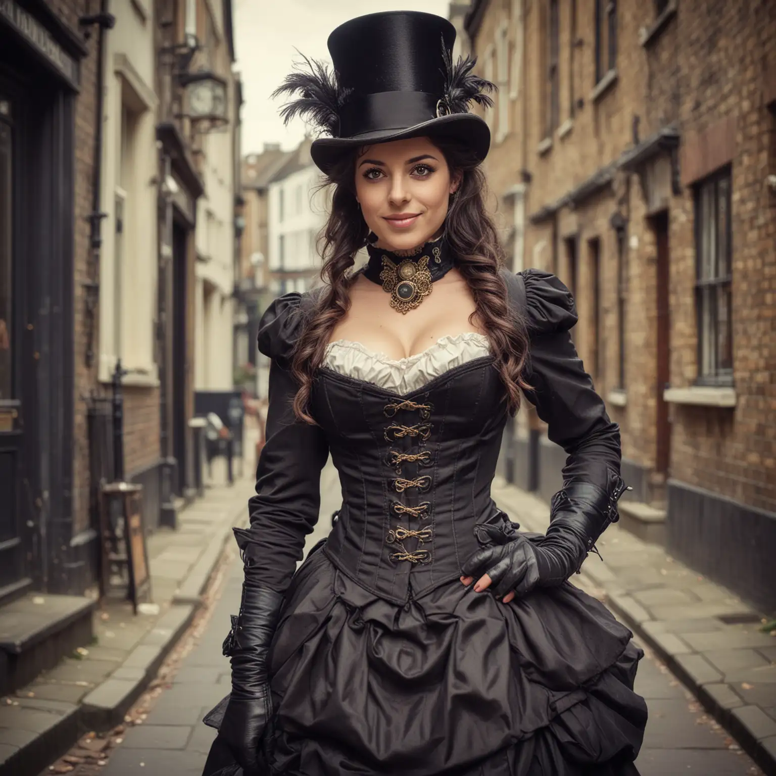 Full length picture of a 38 year old Steampunk Victorian gentlewoman, dark hair and eyes, Italian face, plumptious figure, wearing top hat, corset, skirts and small bustle in the streets of steampunk London. She looks confident with a wry smile 