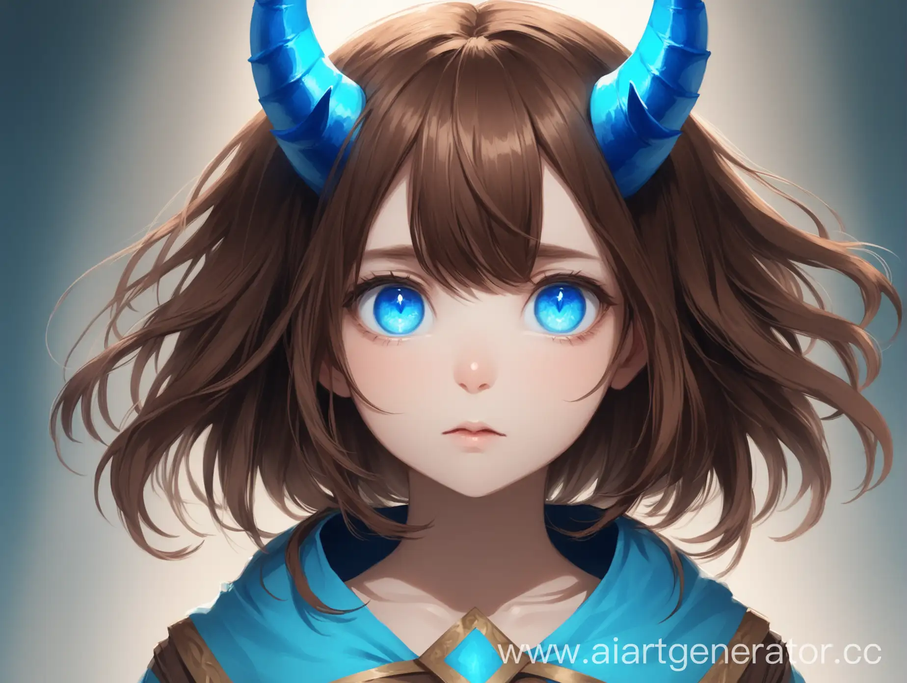 a girl with brown hair, blue horns in the front and blue eyes.