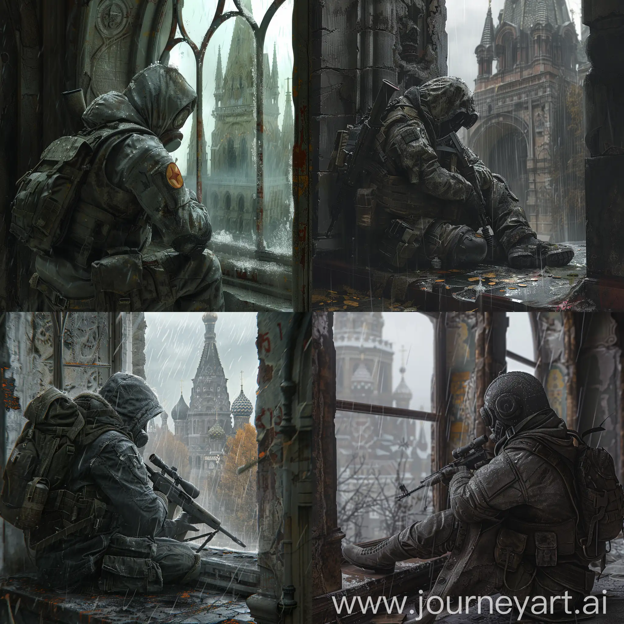 Metro 2033, gloomy autumn weather with rain, stalker in a gray padded jacket, in places the padded jacket is torn, in military unloading, in a gas mask, in an old helmet of the Soviet Red army with spikes on the helmet, with a sniper rifle in his hands, with a small backpack on his back, stalker sits inside an abandoned cathedral in Moscow, he is aiming at someone from the window.