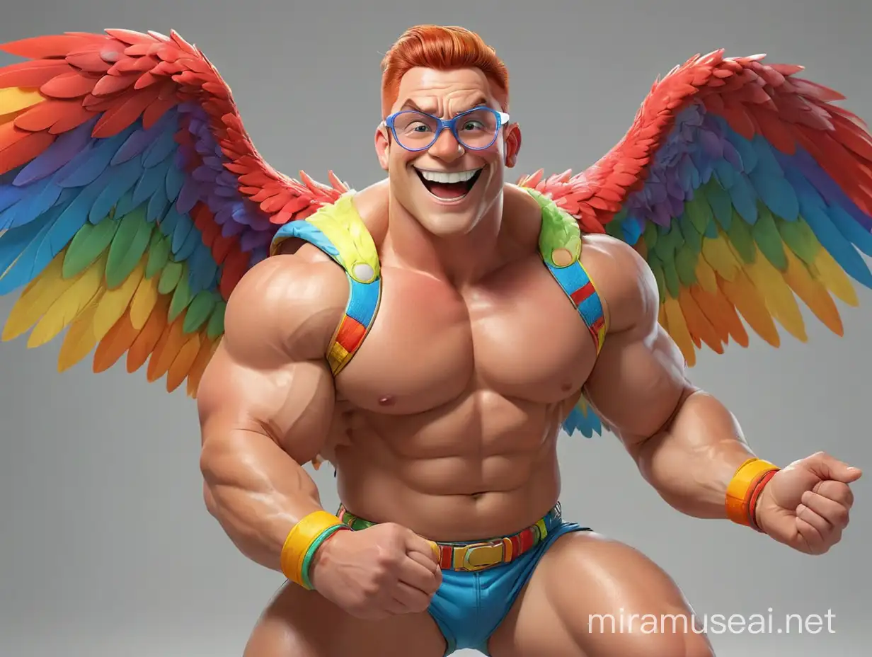 Smiling Topless Bodybuilder in Rainbow Wings Jacket Flexing with Doraemon Goggles