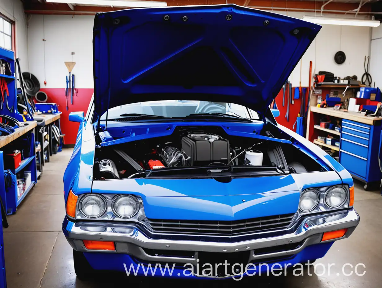 Blue-Automobile-with-Open-Hood-in-Automotive-Repair-Shop