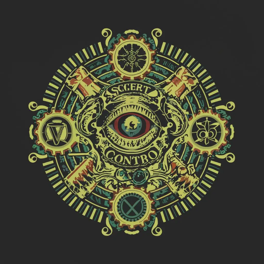 a logo design,with the text "Secret Society of Control", main symbol:logo of a secret society with some dictatorship symbol, a skull and a snake some bones in a steampunk colorful electric style,complex,be used in Events industry,clear background