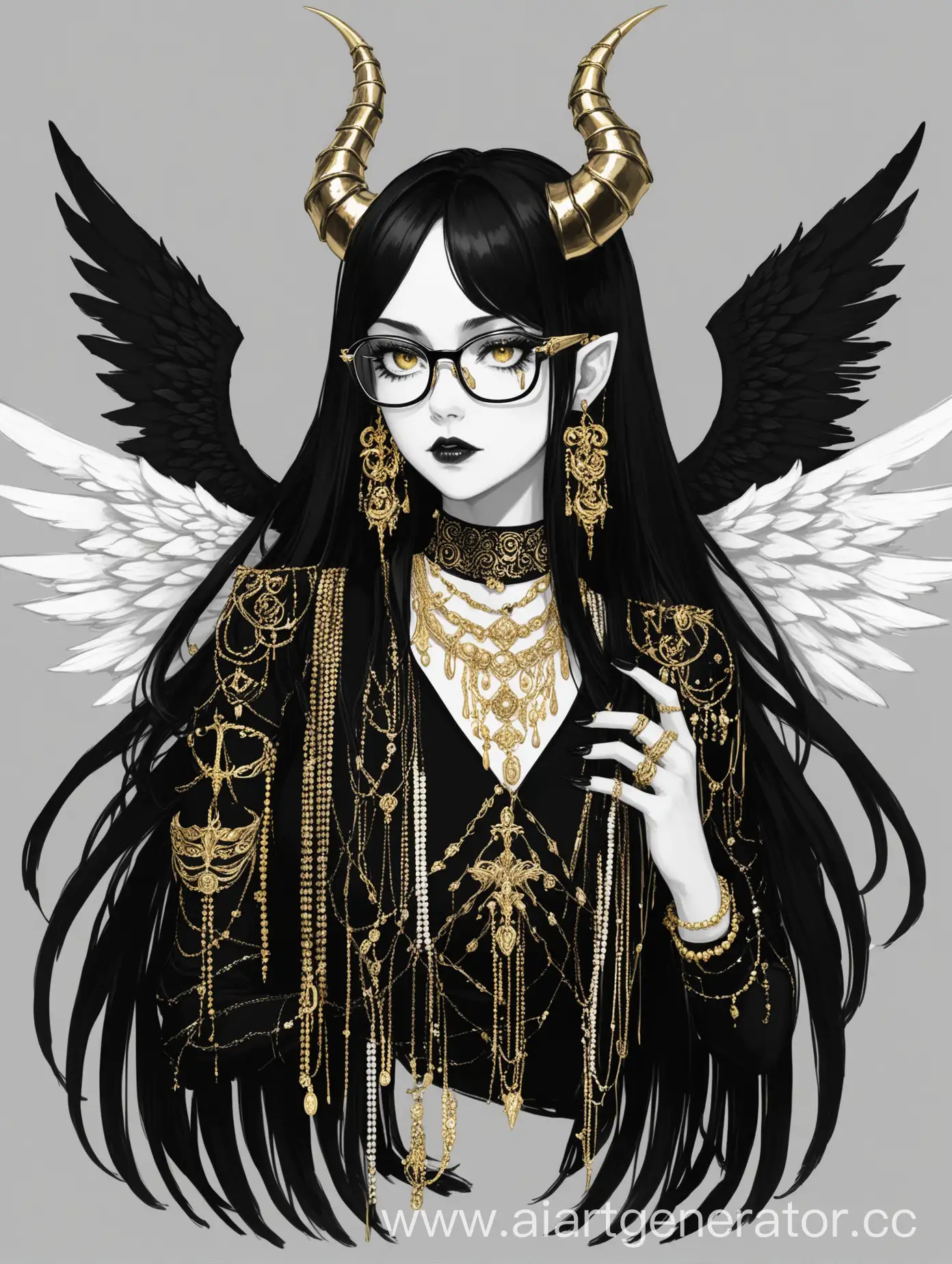 Elegant-Woman-with-Horns-and-Wings-Sophisticated-Black-and-White-Palette-with-Luxurious-Gold-Accents-and-Ornate-Jewelry