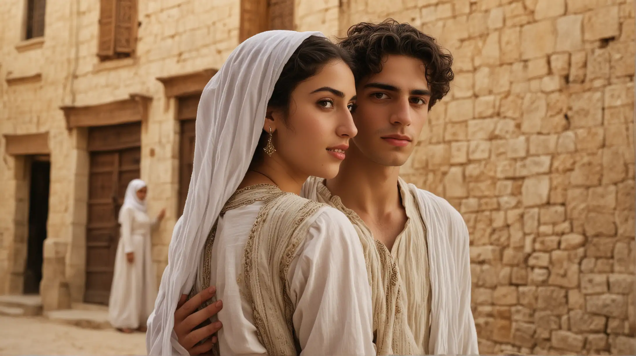 A young jewish man beside a beautiful arab woman in a town setting. Set during the Biblical era.