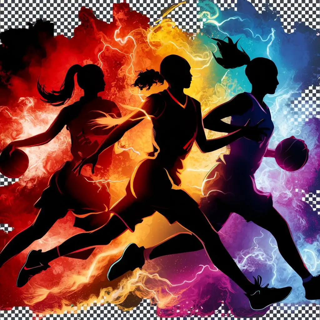  wnba abstract design, featuring hues of fiery reds, electric blues, vibrant yellows, and powerful purples, silhouettes of female basketball players, png transparent background
