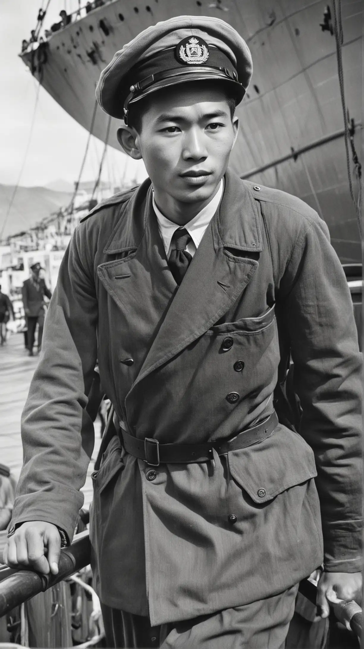 The image depicts 24-year-old Chinese mariner Pan Lyan boarding the English trading ship in Cape Town in 1942, his youthful face filled with determination as he embarks on what he assumes will be a routine journey.