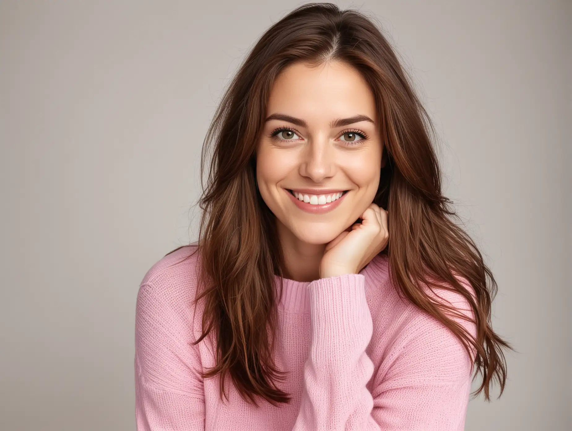30 year old pale white woman with long chestnut brown hair parted to one side. She is smiling, wearing a pink sweater and blue jeans, looking to the left of camera against a white background