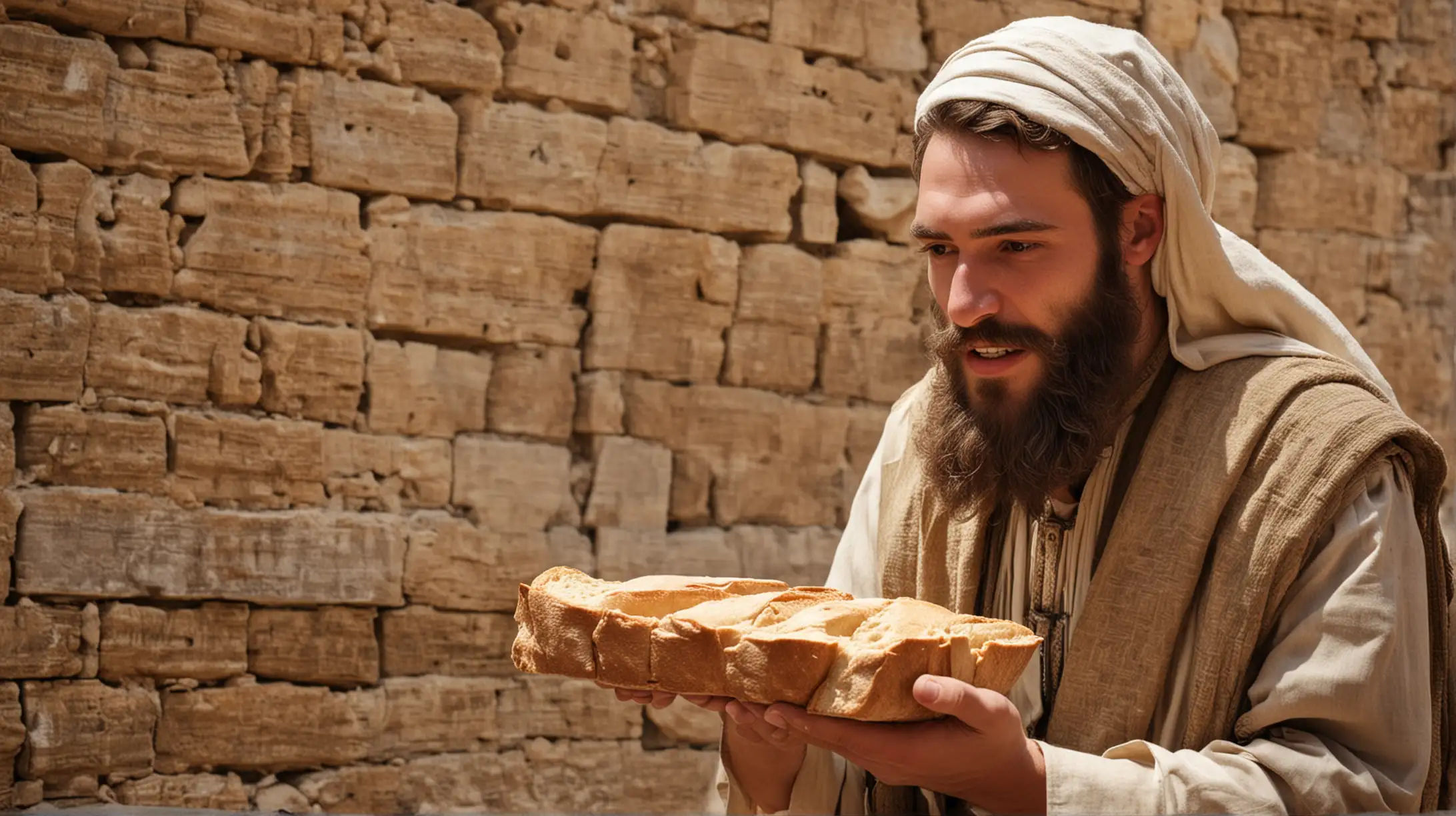 A handsome young  bearded man taking some bread from the 70 year old Abimilech the Priest. Set in a desert castle, during the Biblical Era of King David