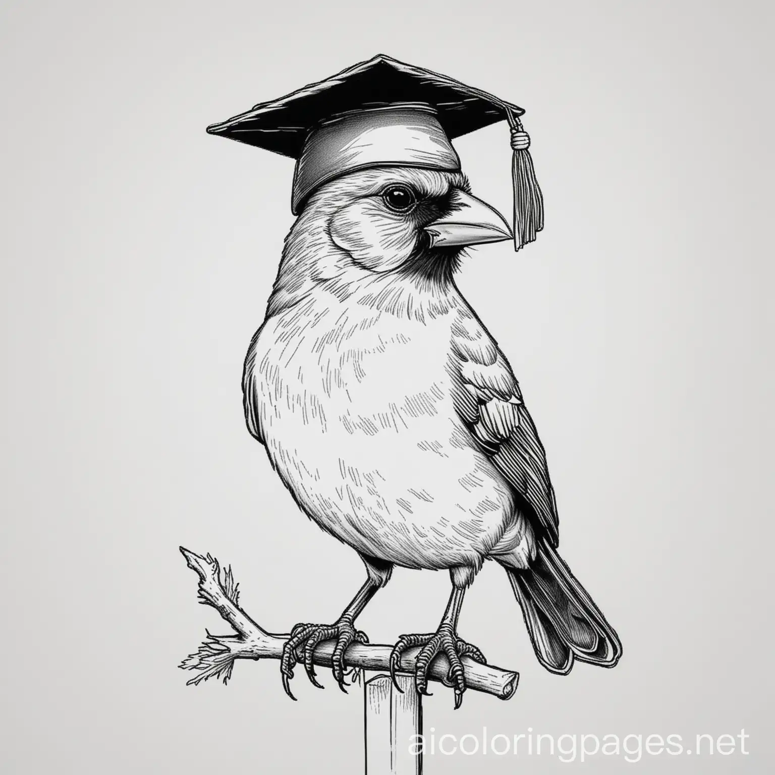 a cardinal bird at graduation, Coloring Page, black and white, line art, white background, Simplicity, Ample White Space. The background of the coloring page is plain white to make it easy for young children to color within the lines. The outlines of all the subjects are easy to distinguish, making it simple for kids to color without too much difficulty