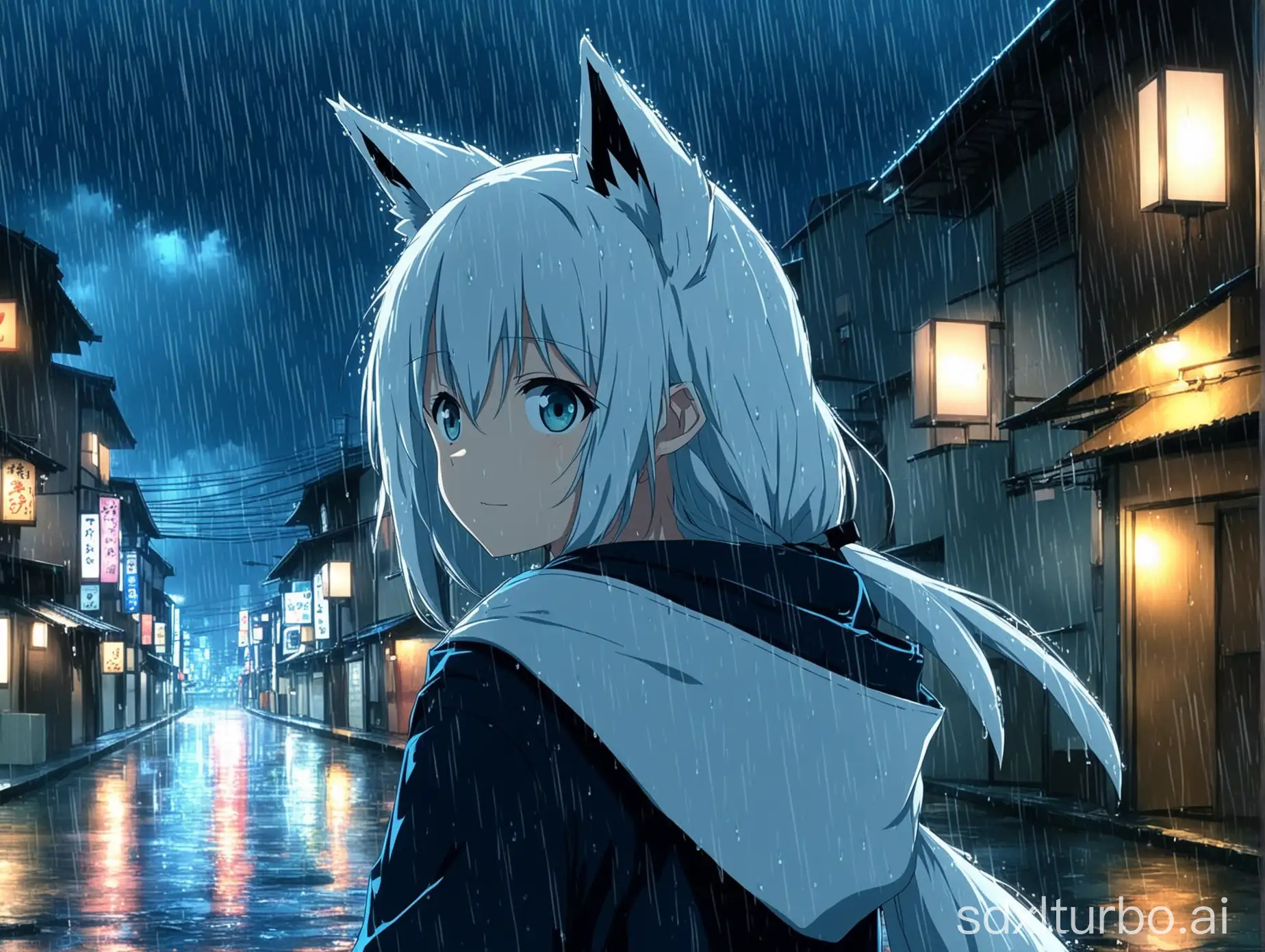Shirakami-Fubuki-Hololive-City-Night-Rain-Fox-Ears-Japan-Anime