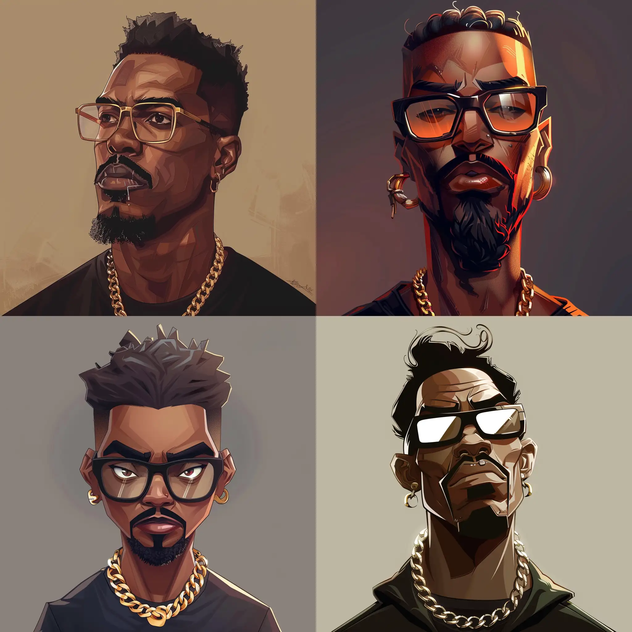 create me a cartoonnafrican american guy s, frameless glasses and cuban link chain. with goatee and mustache
