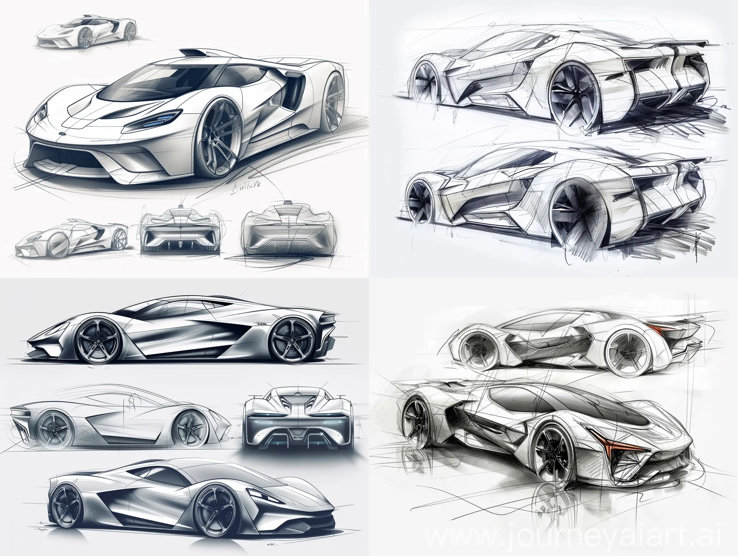 Industrial design,concept sketches,[Artificial intelligence supercar],multiple View draw- ing modern minimalism,clean lines,white background,-- 3:4 --v 6.0